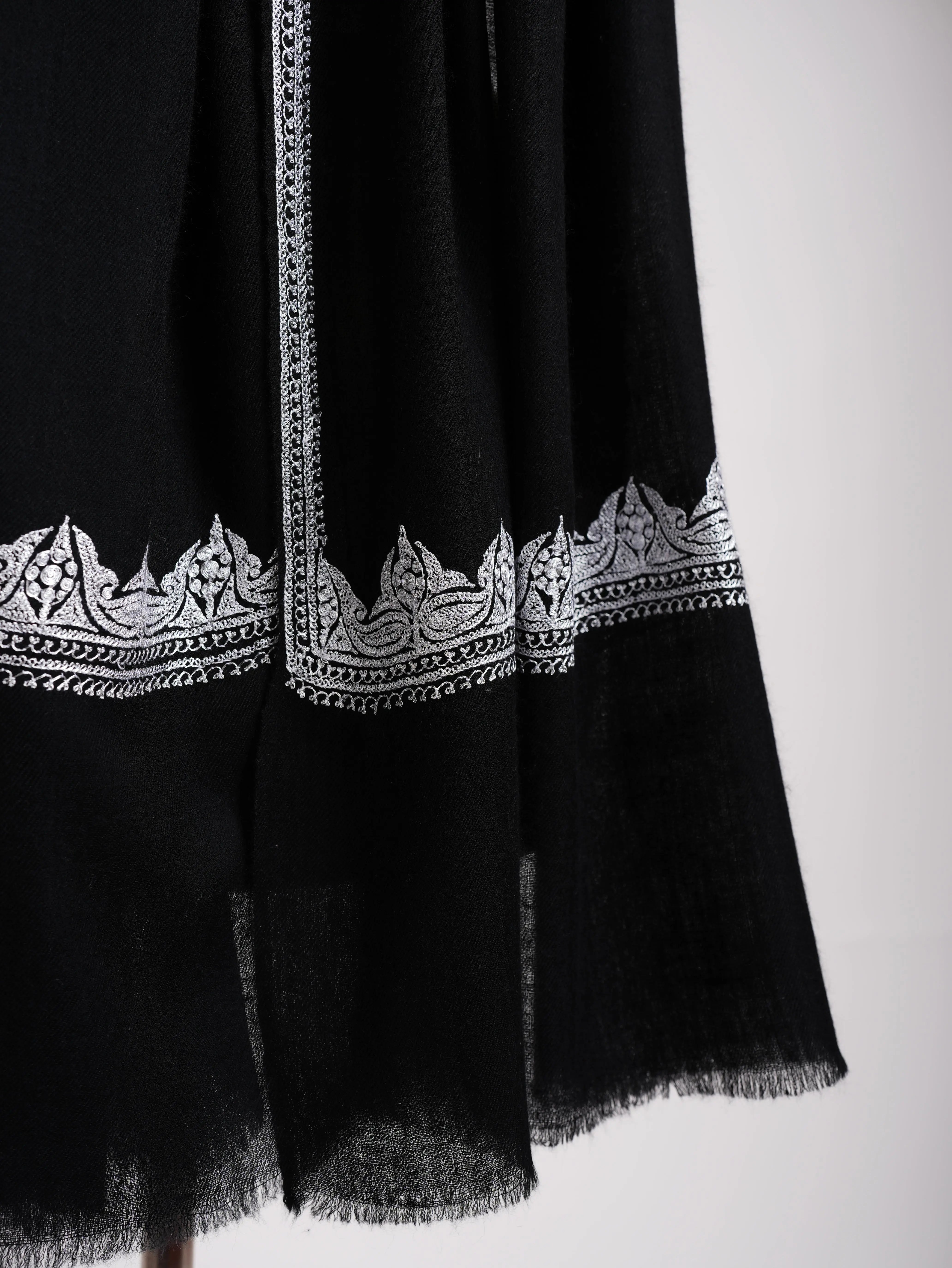 Black Indian Cashmere Stole with Silver Tilla Embroidery Shahkaar