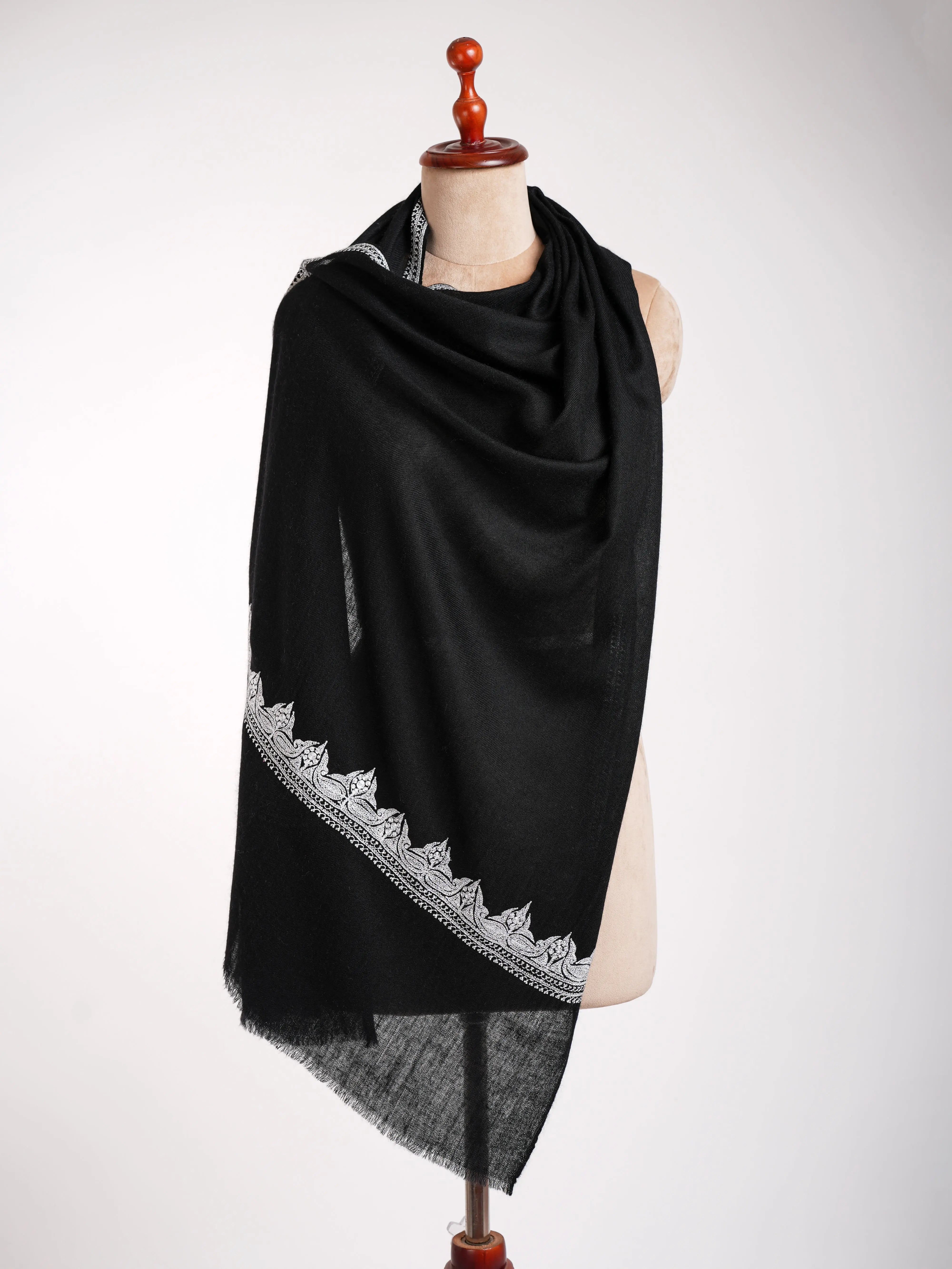 Black Indian Cashmere Stole with Silver Tilla Embroidery Shahkaar