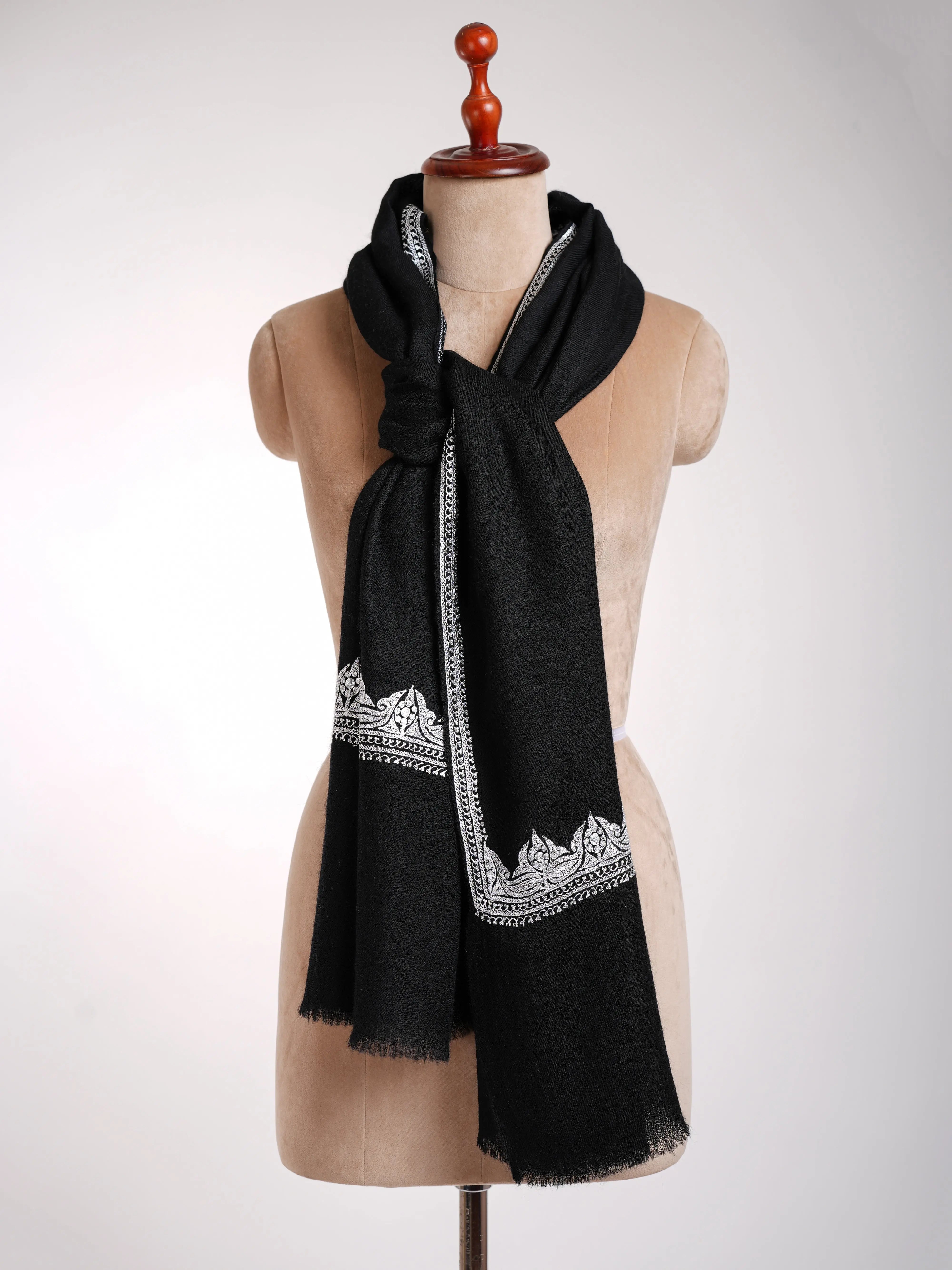 Black Indian Cashmere Stole with Silver Tilla Embroidery Shahkaar