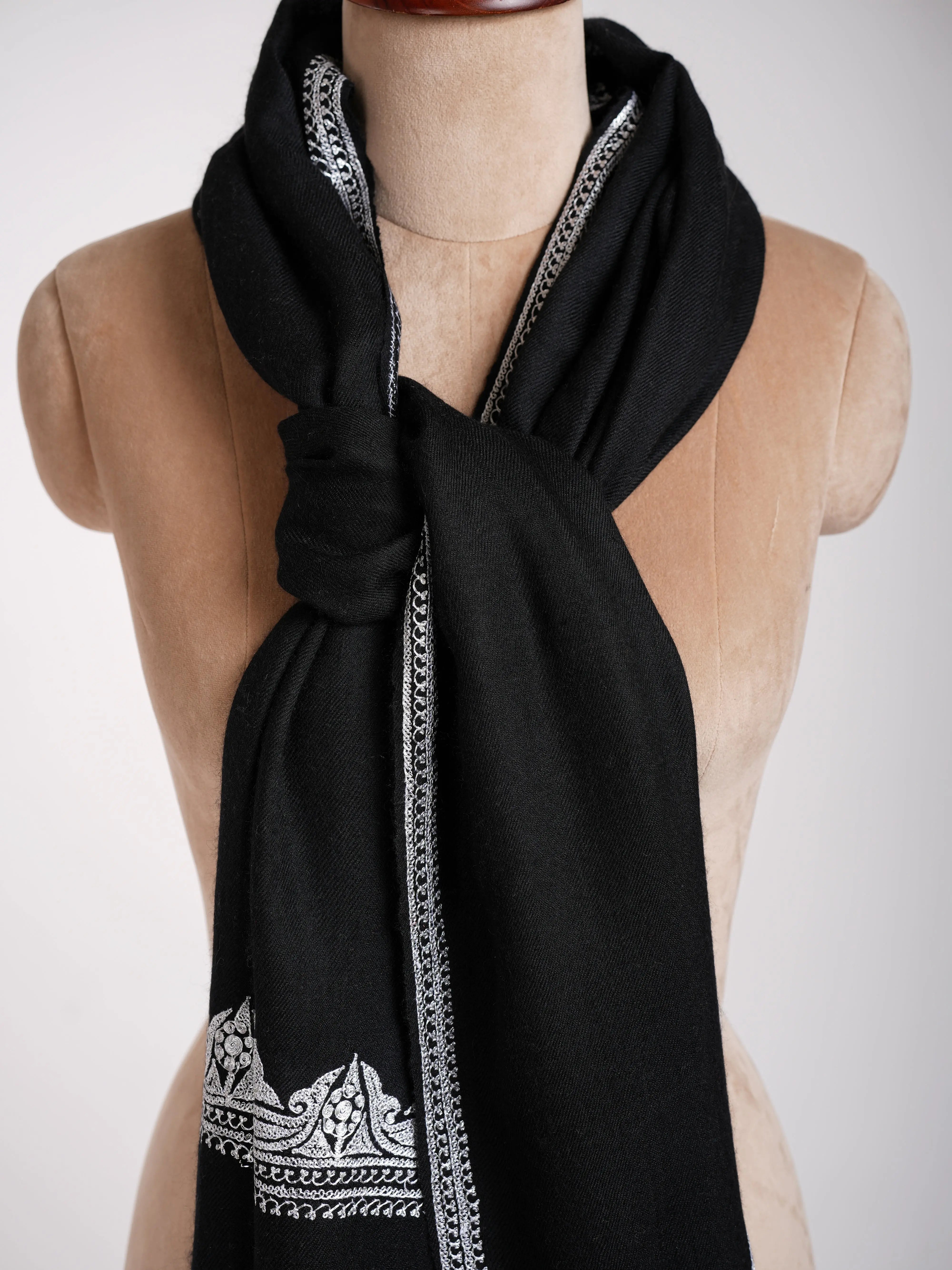 Black Indian Cashmere Stole with Silver Tilla Embroidery Shahkaar