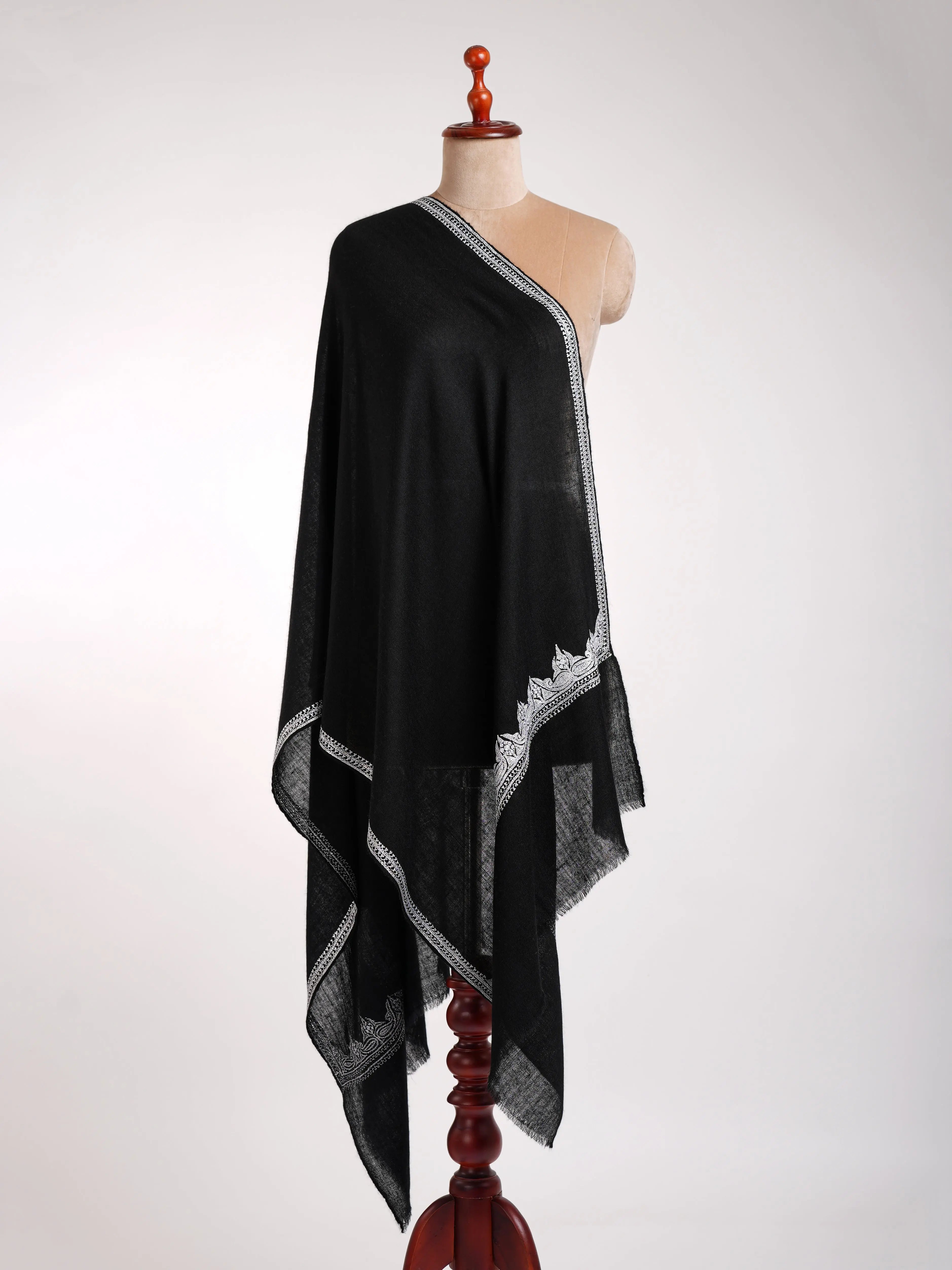 Black Indian Cashmere Stole with Silver Tilla Embroidery Shahkaar