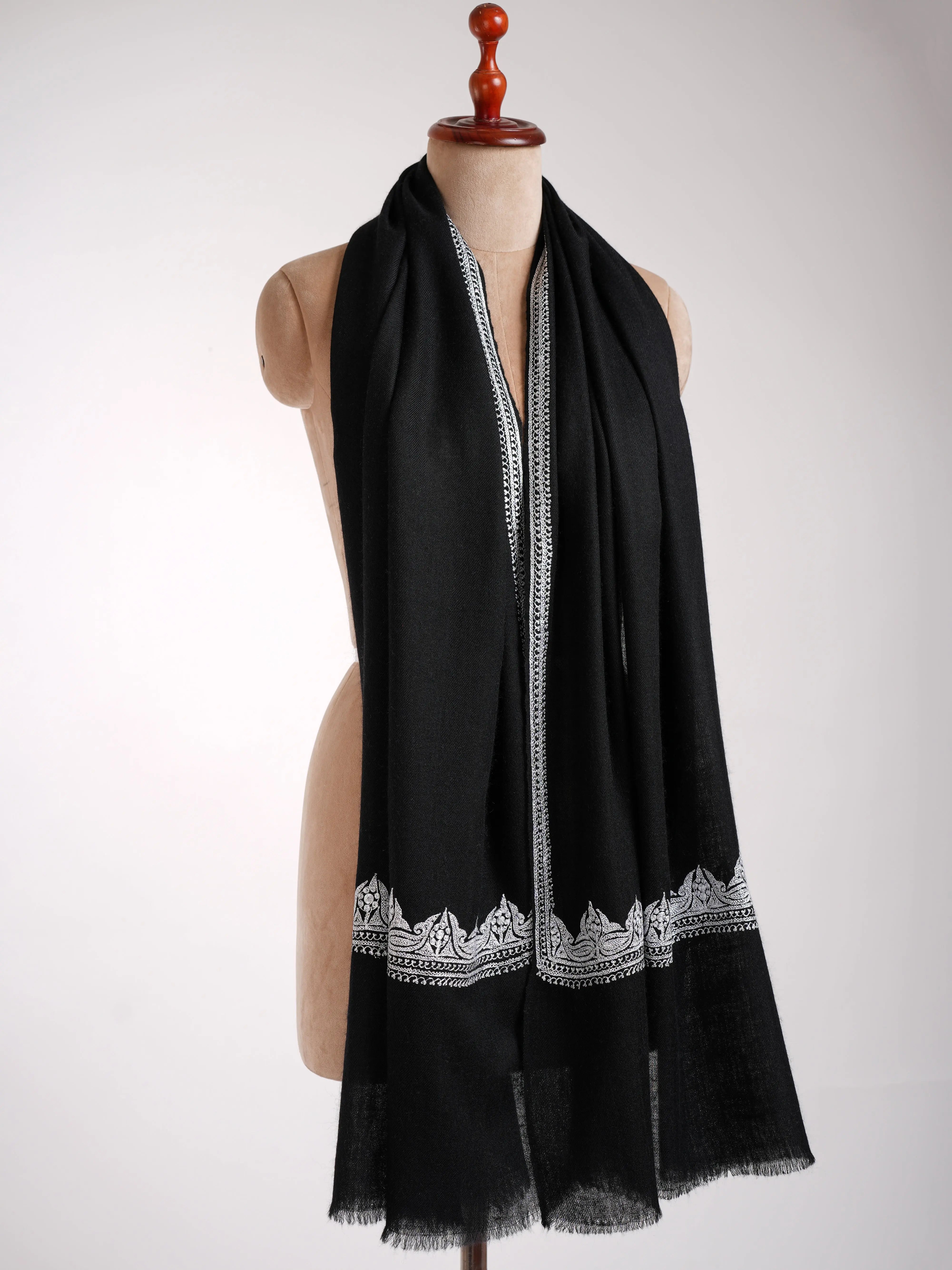 Black Indian Cashmere Stole with Silver Tilla Embroidery Shahkaar
