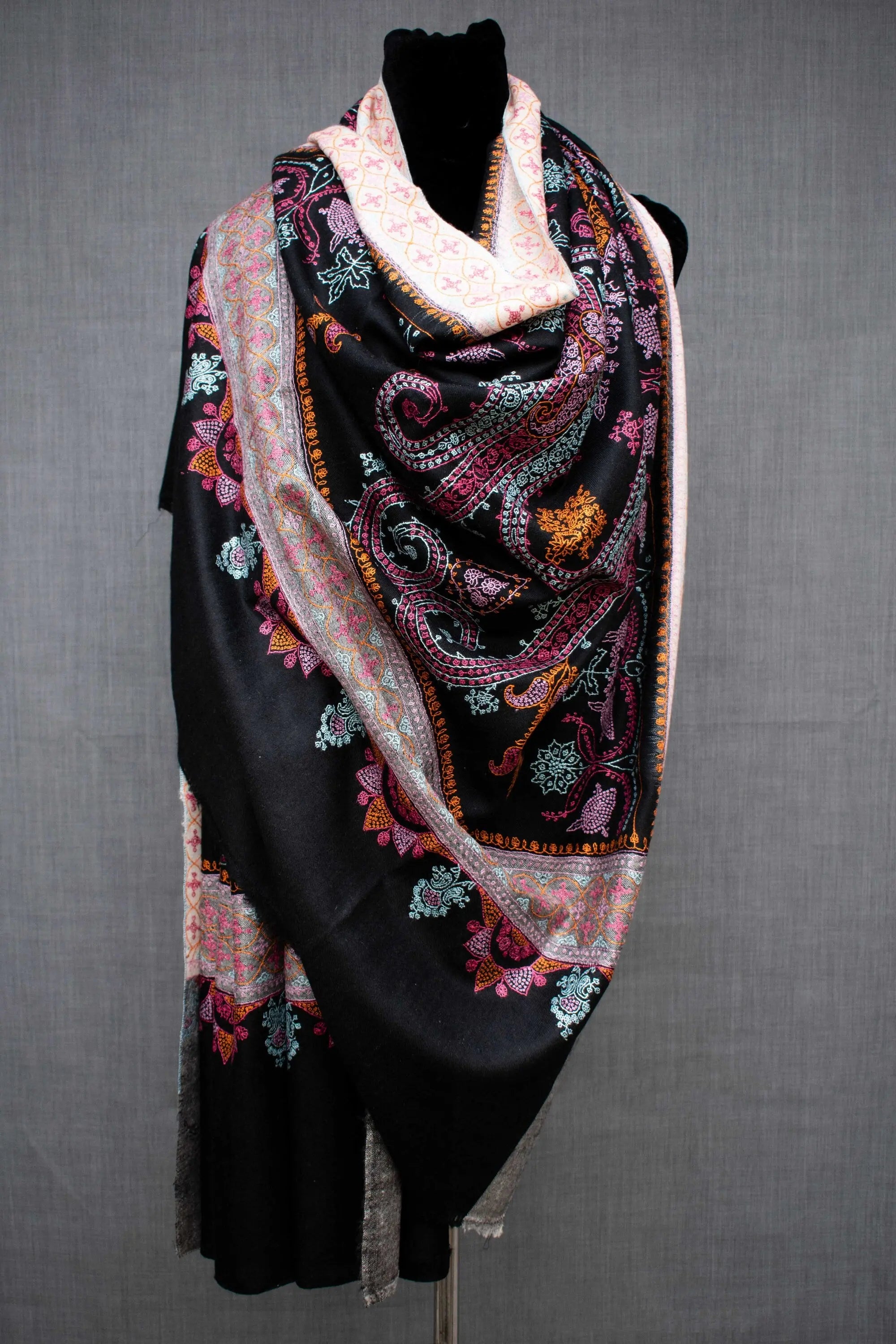 Black Kashmiri Handmade Shawl, Pure Pashmina, Handwoven, Hand Embroidery. Shahkaar