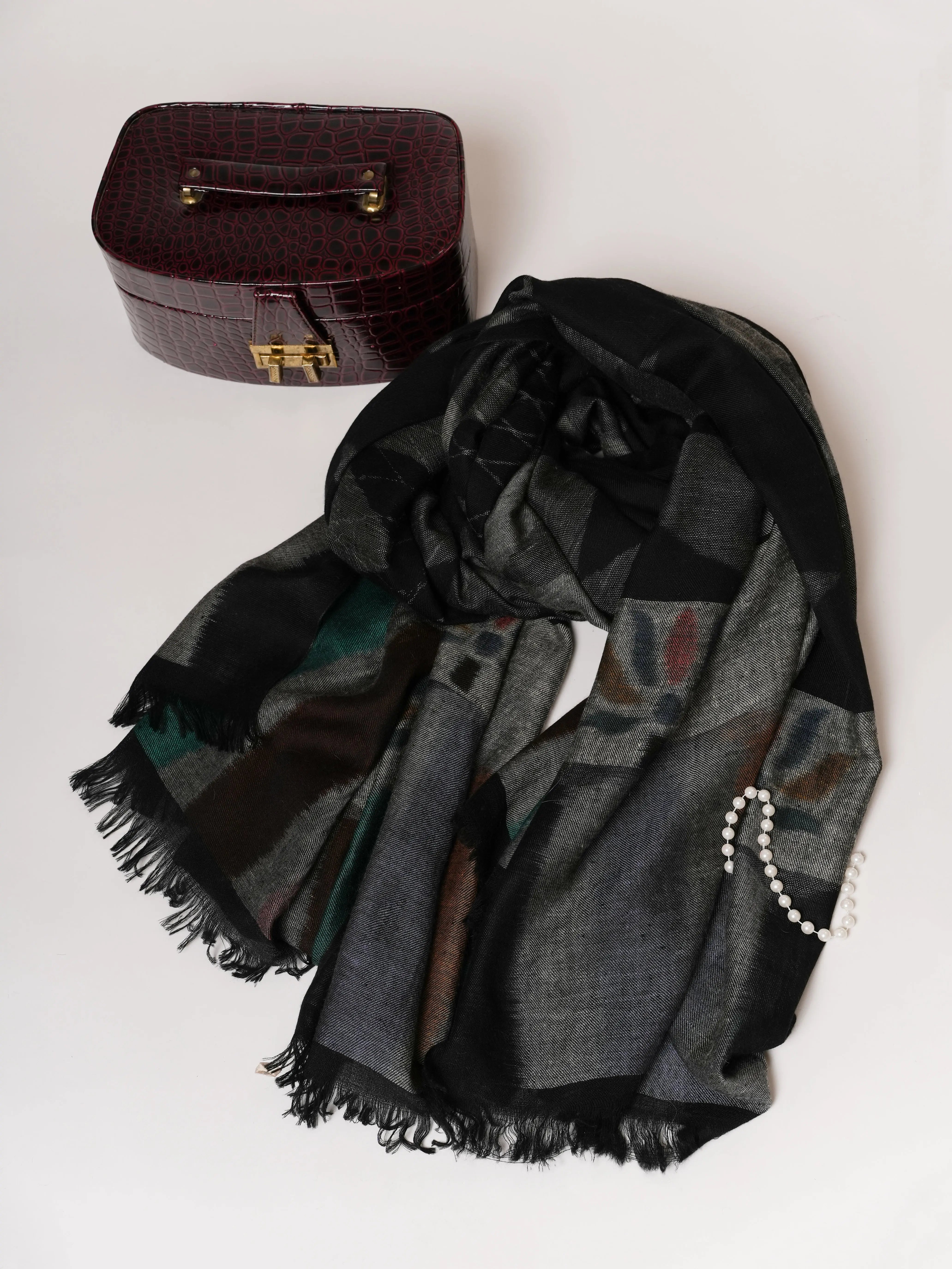 Black Oversized Ikat Pashmina Shawl with Floral Ikat Palla Shahkaar