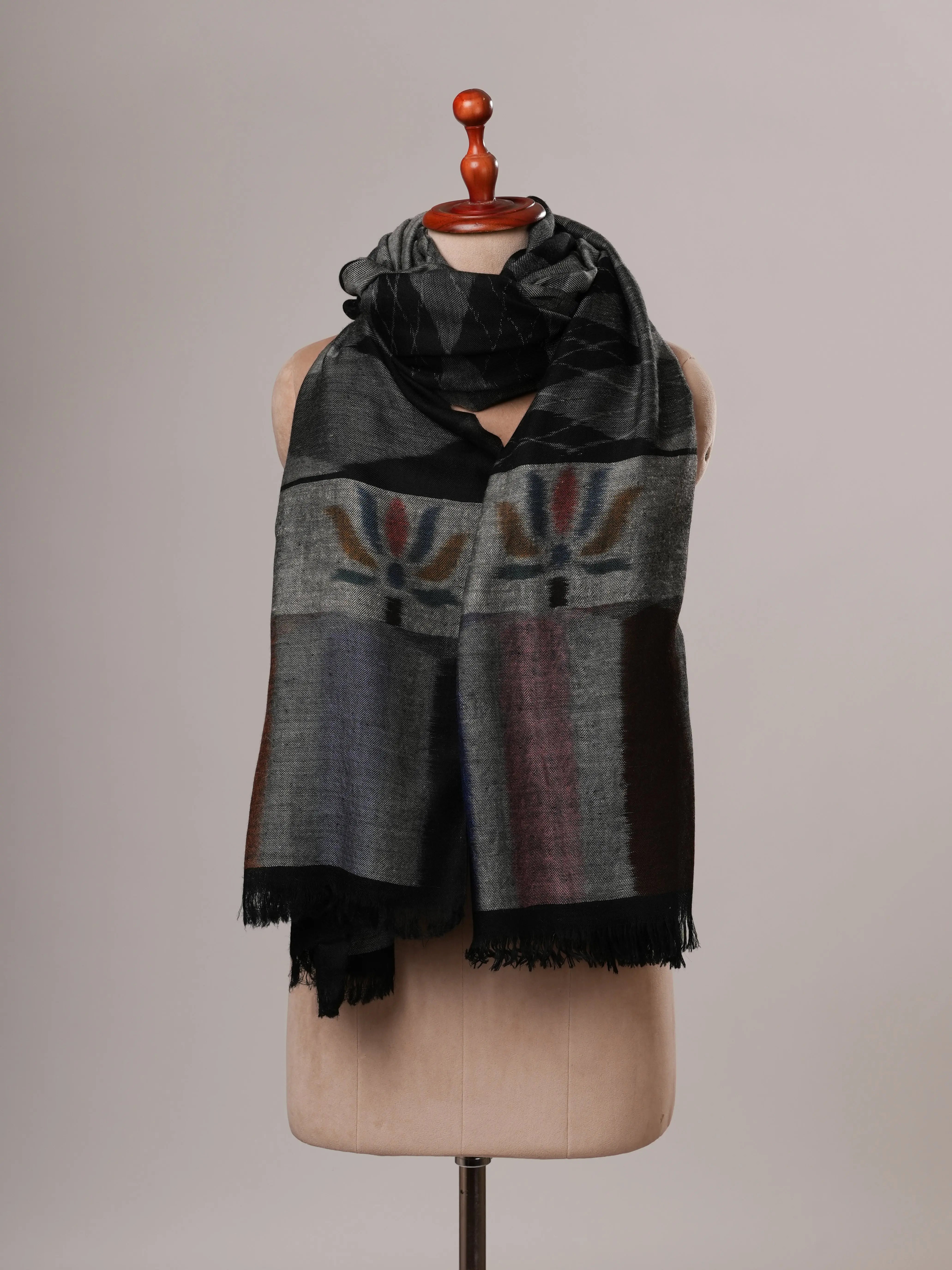 Black Oversized Ikat Pashmina Shawl with Floral Ikat Palla Shahkaar