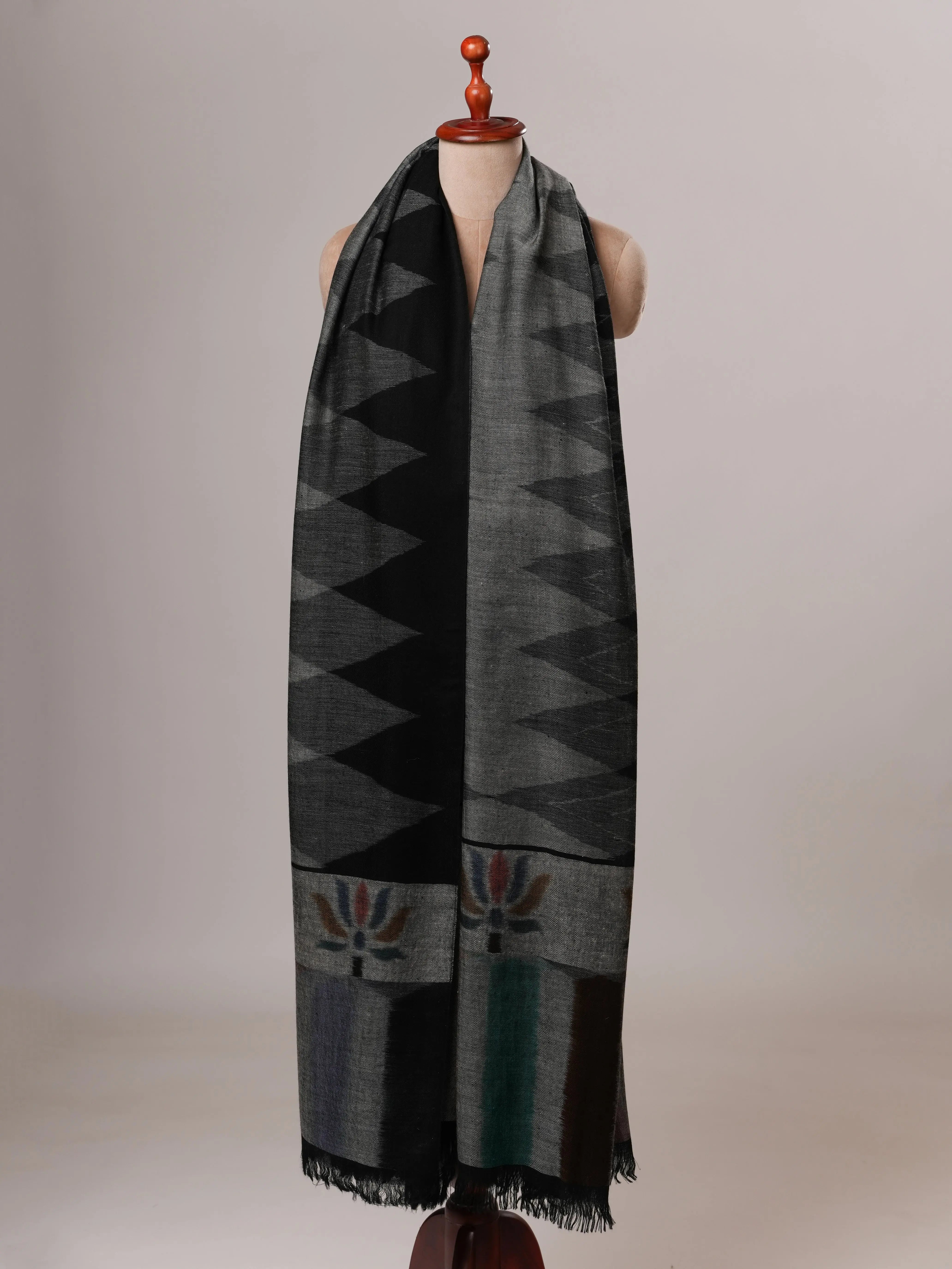 Black Oversized Ikat Pashmina Shawl with Floral Ikat Palla Shahkaar