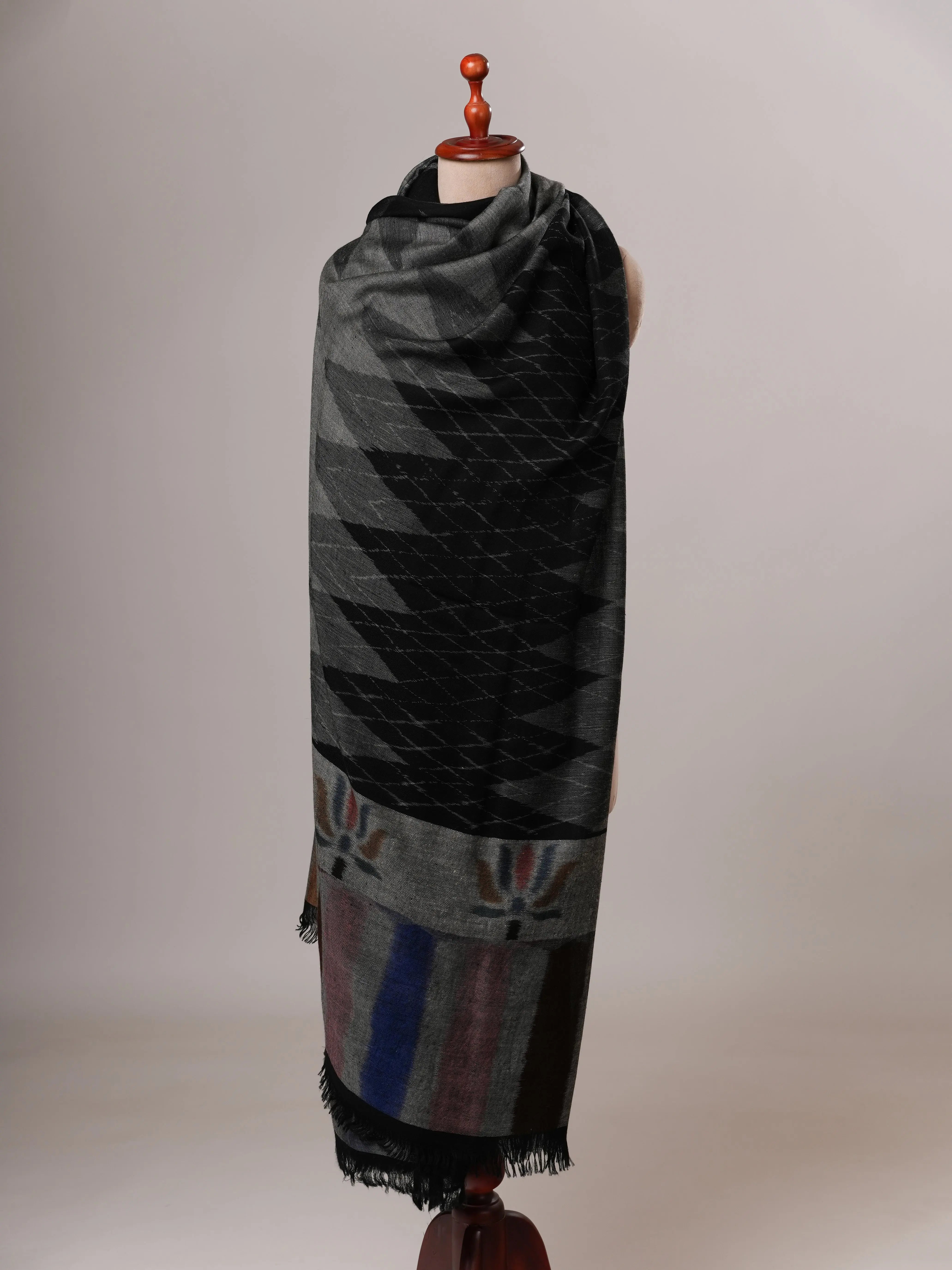 Black Oversized Ikat Pashmina Shawl with Floral Ikat Palla Shahkaar