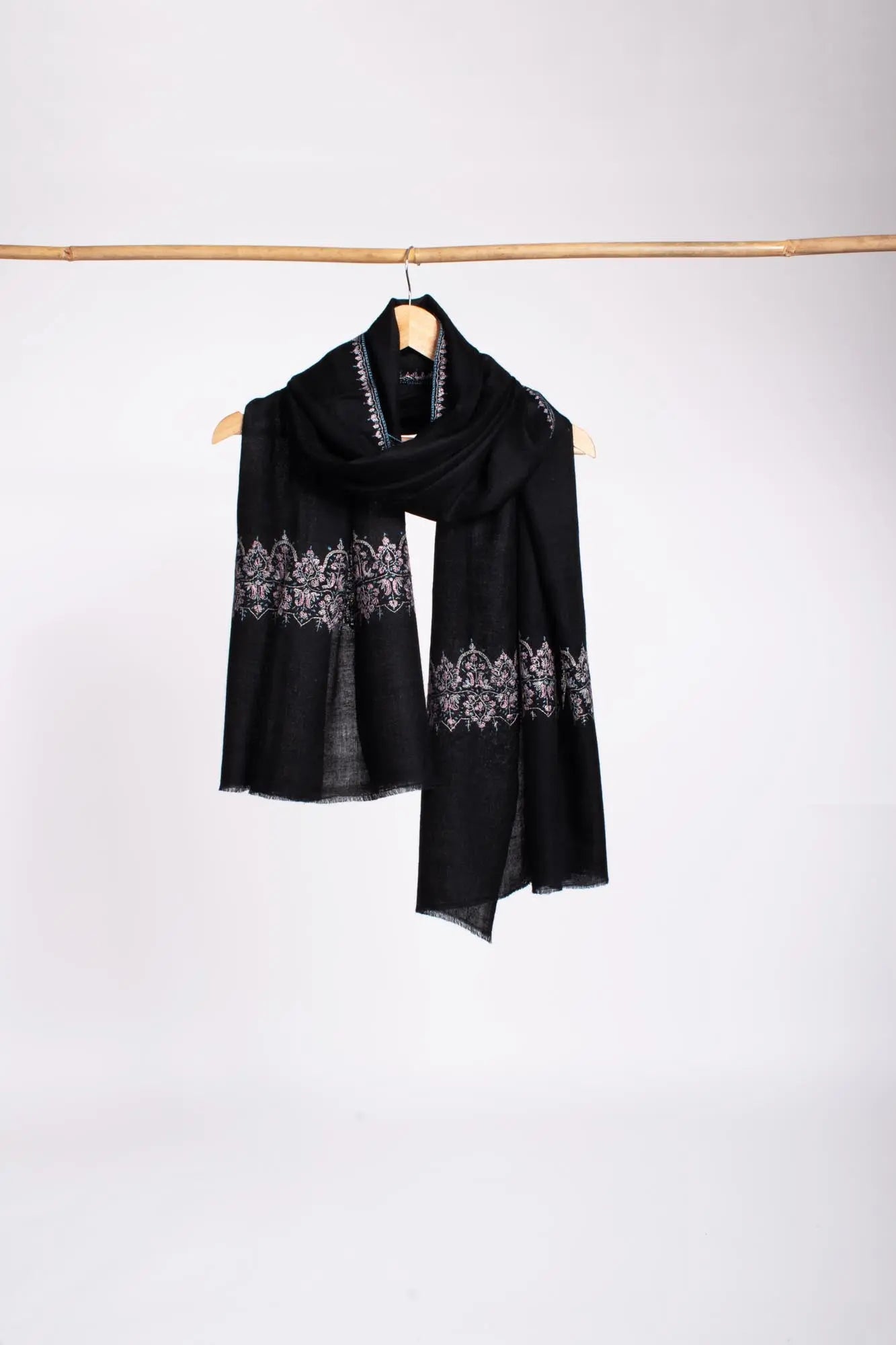Black Palla Embroidered Cashmere Wrap - BUXTON Shahkaar
