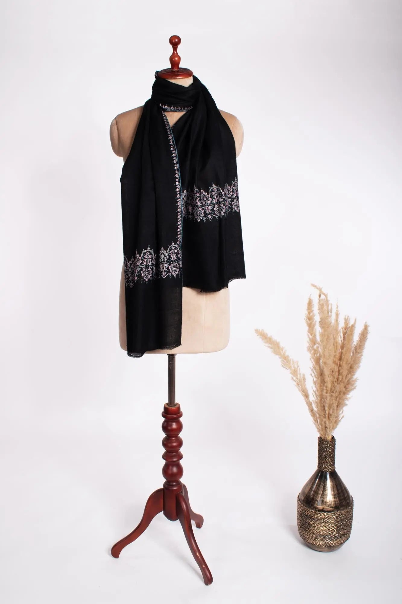 Black Palla Embroidered Cashmere Wrap - BUXTON Shahkaar