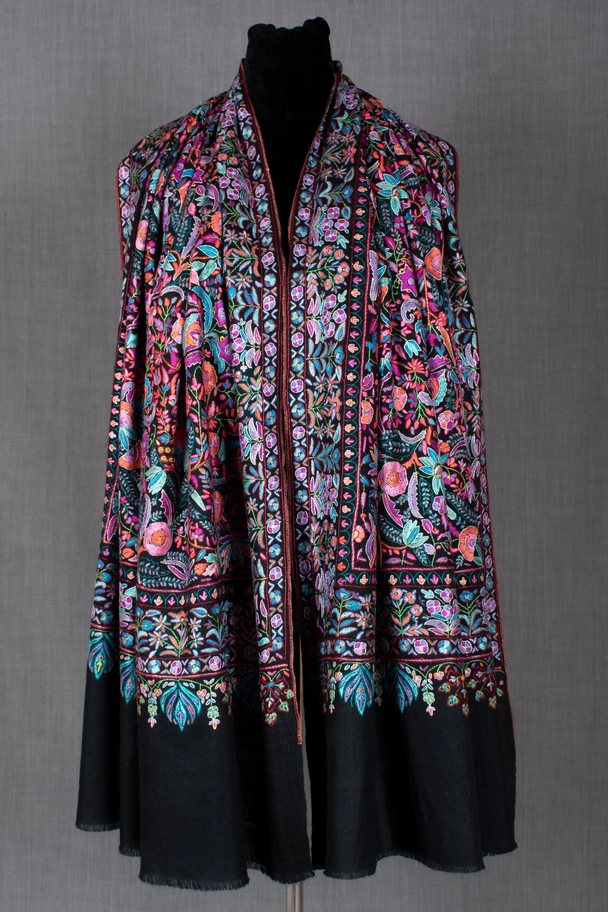 Black Paper Machie Shawl, Pure Pashmina Wrap, Handcrafted in Kashmir, 40x80" Shahkaar