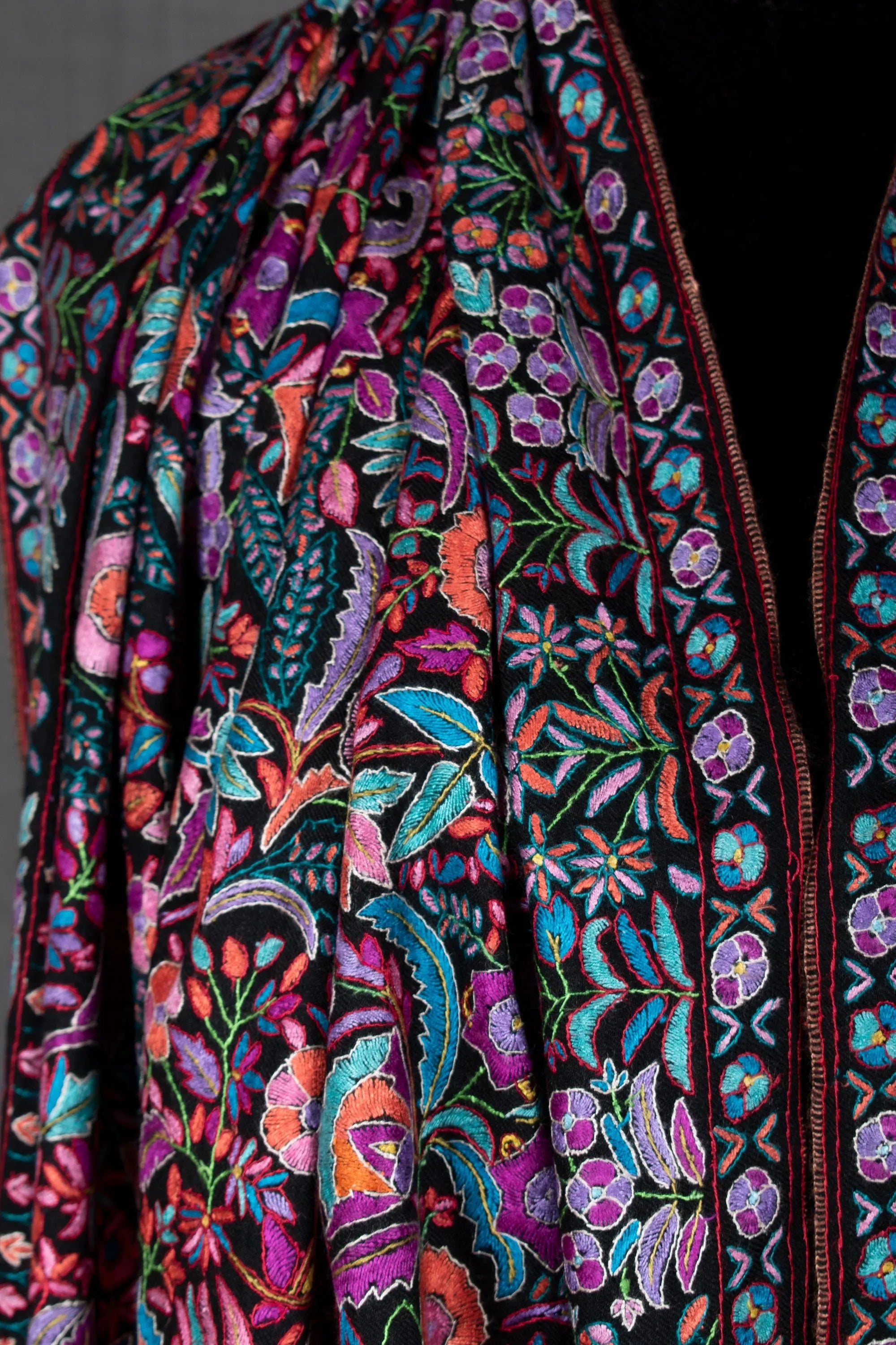 Black Paper Machie Shawl, Pure Pashmina Wrap, Handcrafted in Kashmir, 40x80" Shahkaar