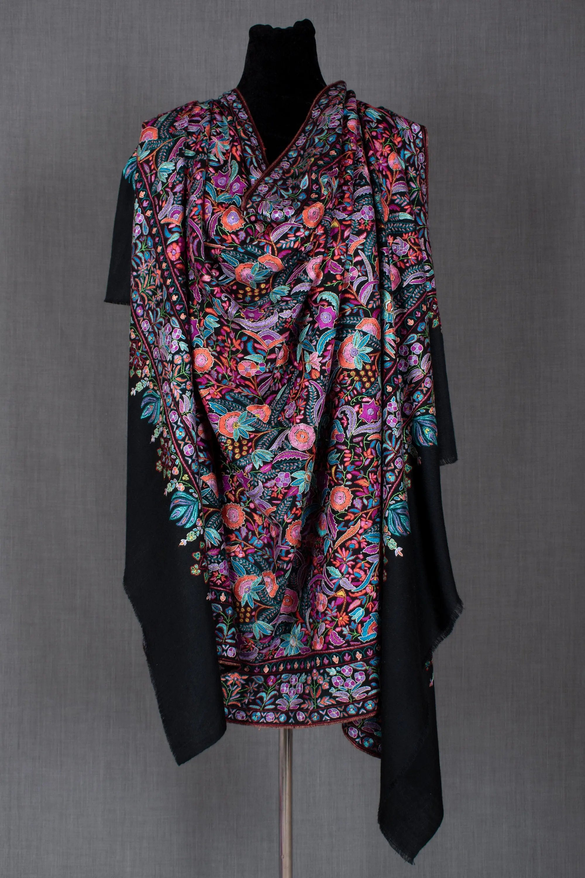 Black Paper Machie Shawl, Pure Pashmina Wrap, Handcrafted in Kashmir, 40x80" Shahkaar