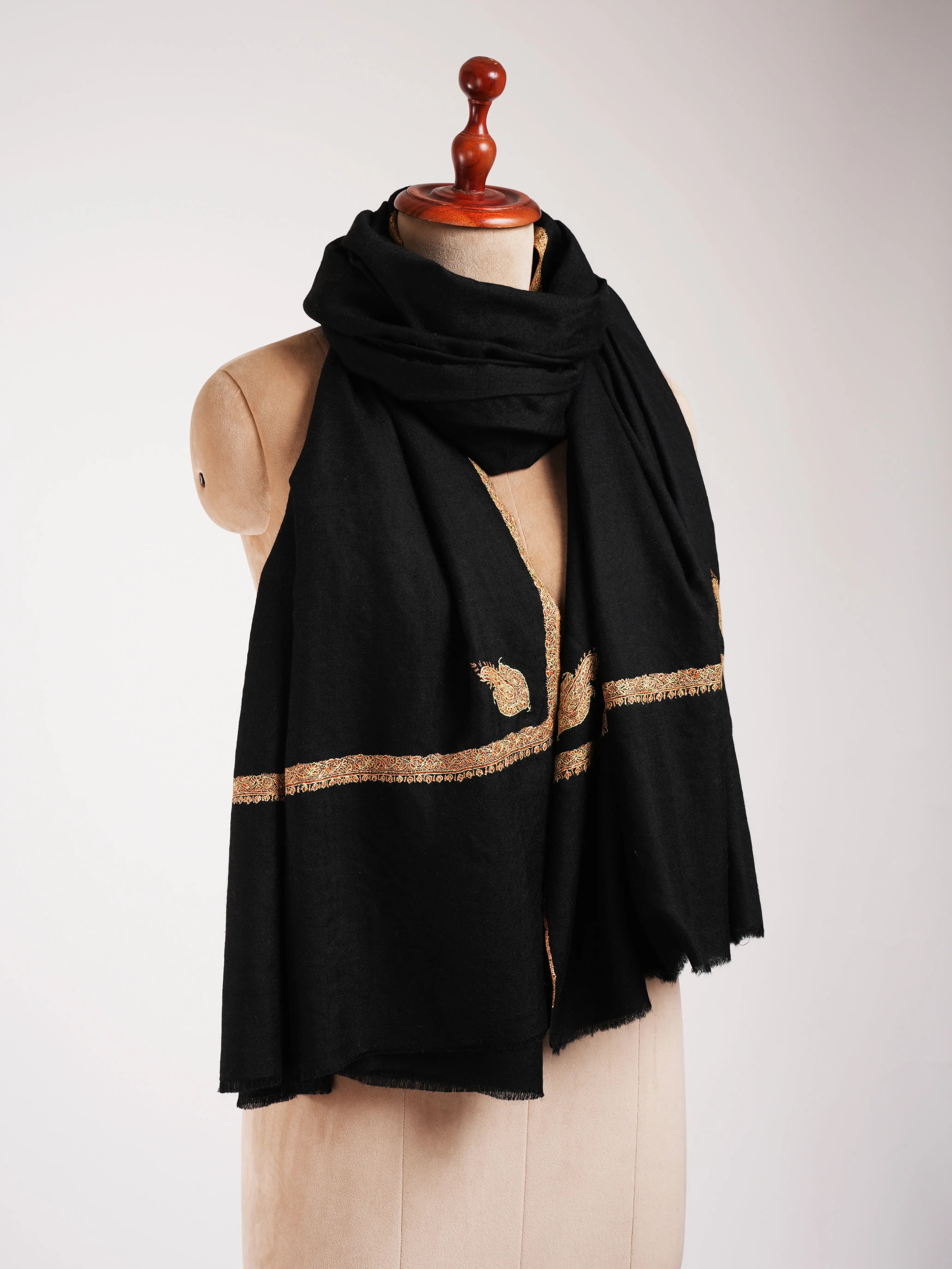 Black Pashmina Shawl with Bail Sozni Embroidery Shahkaar