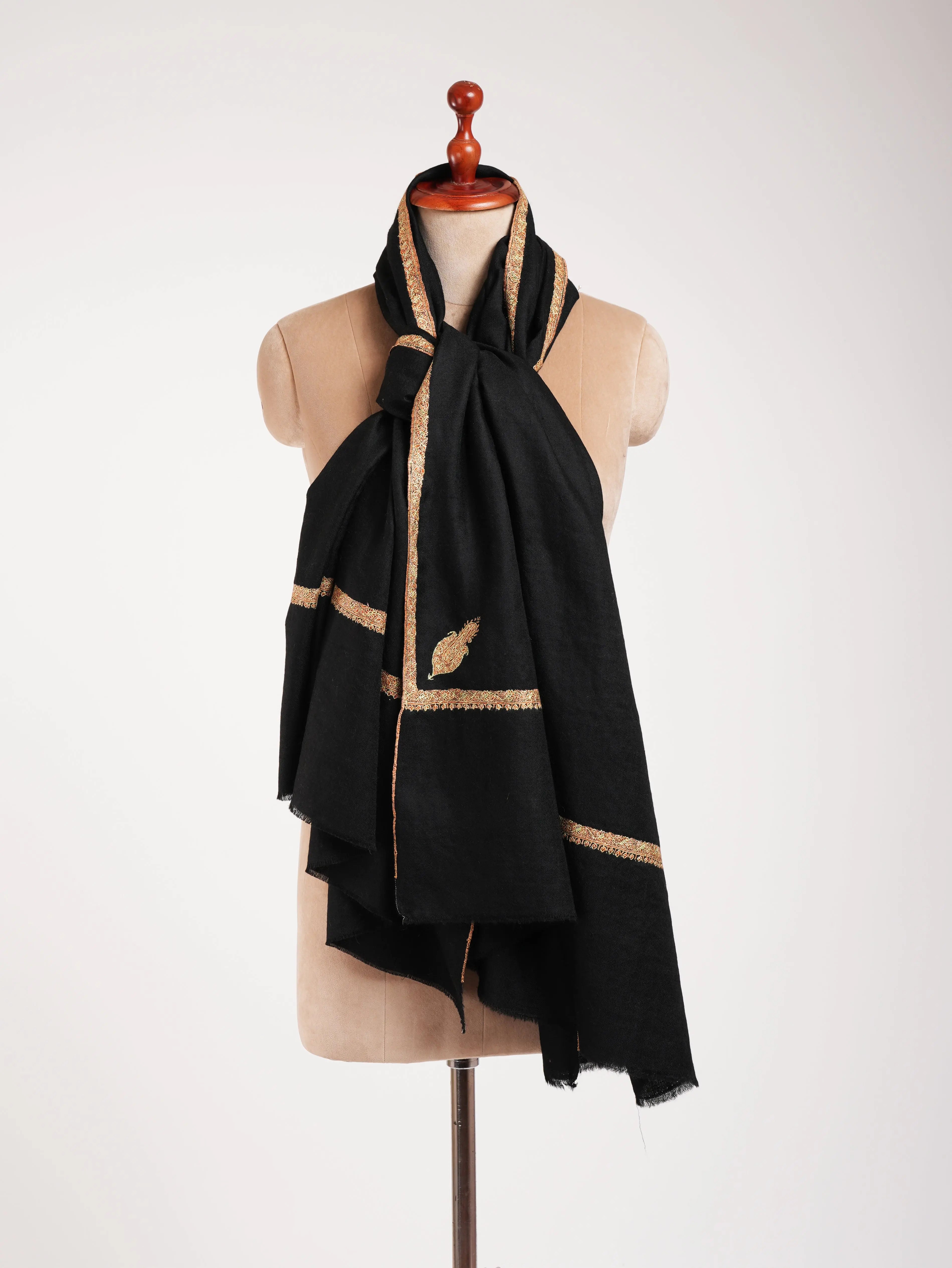 Black Pashmina Shawl with Bail Sozni Embroidery Shahkaar
