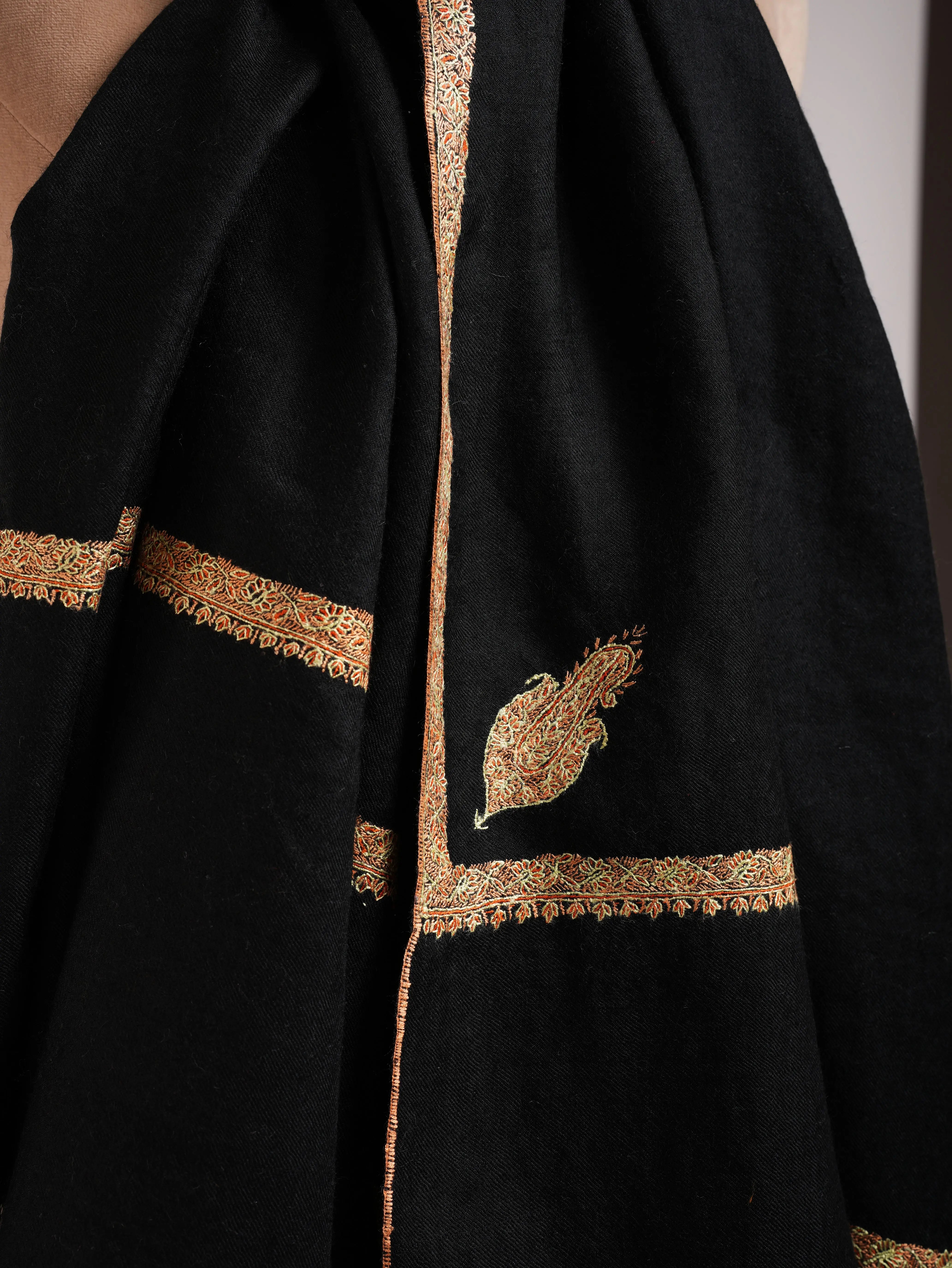 Black Pashmina Shawl with Bail Sozni Embroidery Shahkaar