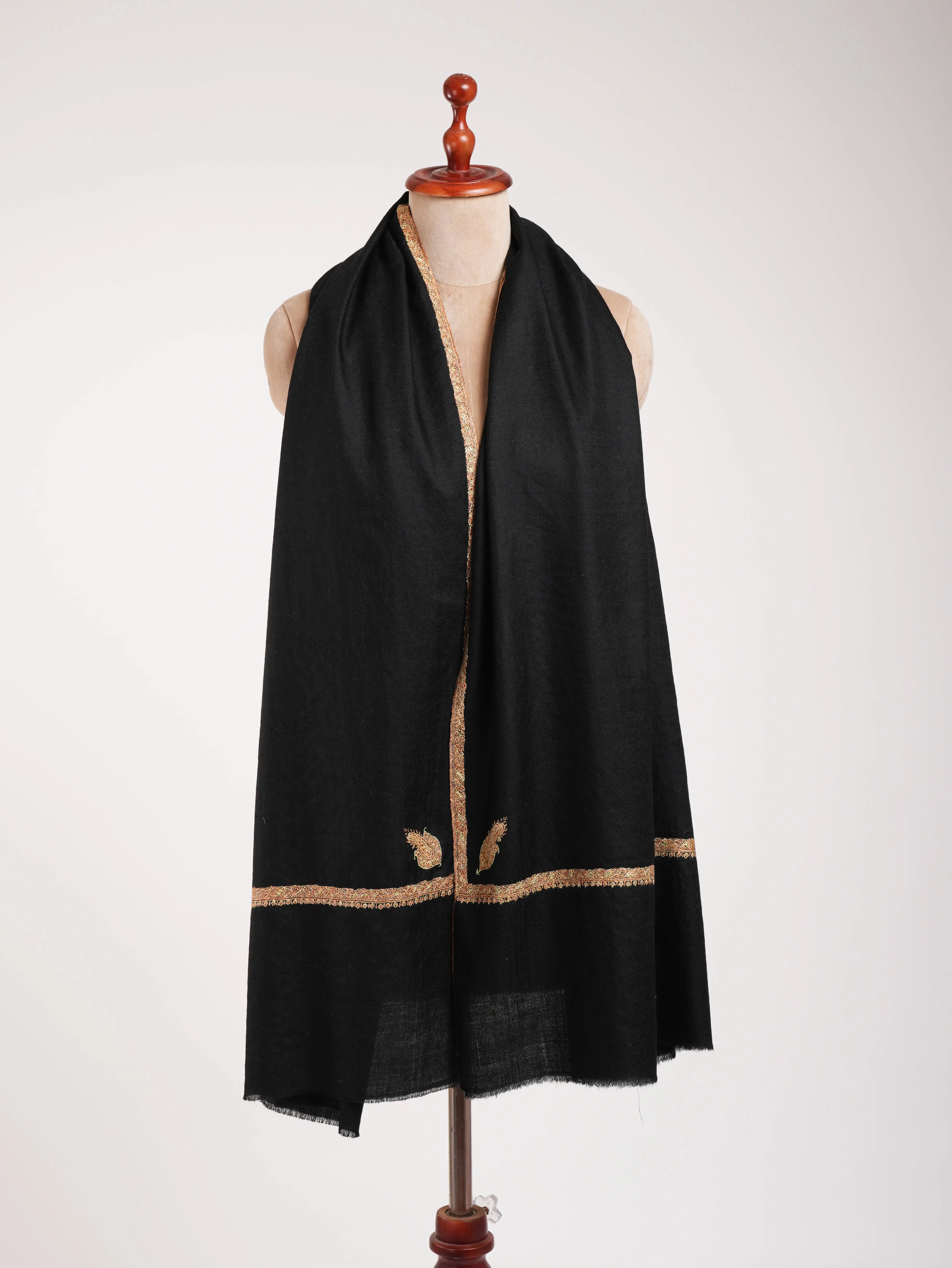 Black Pashmina Shawl with Bail Sozni Embroidery Shahkaar