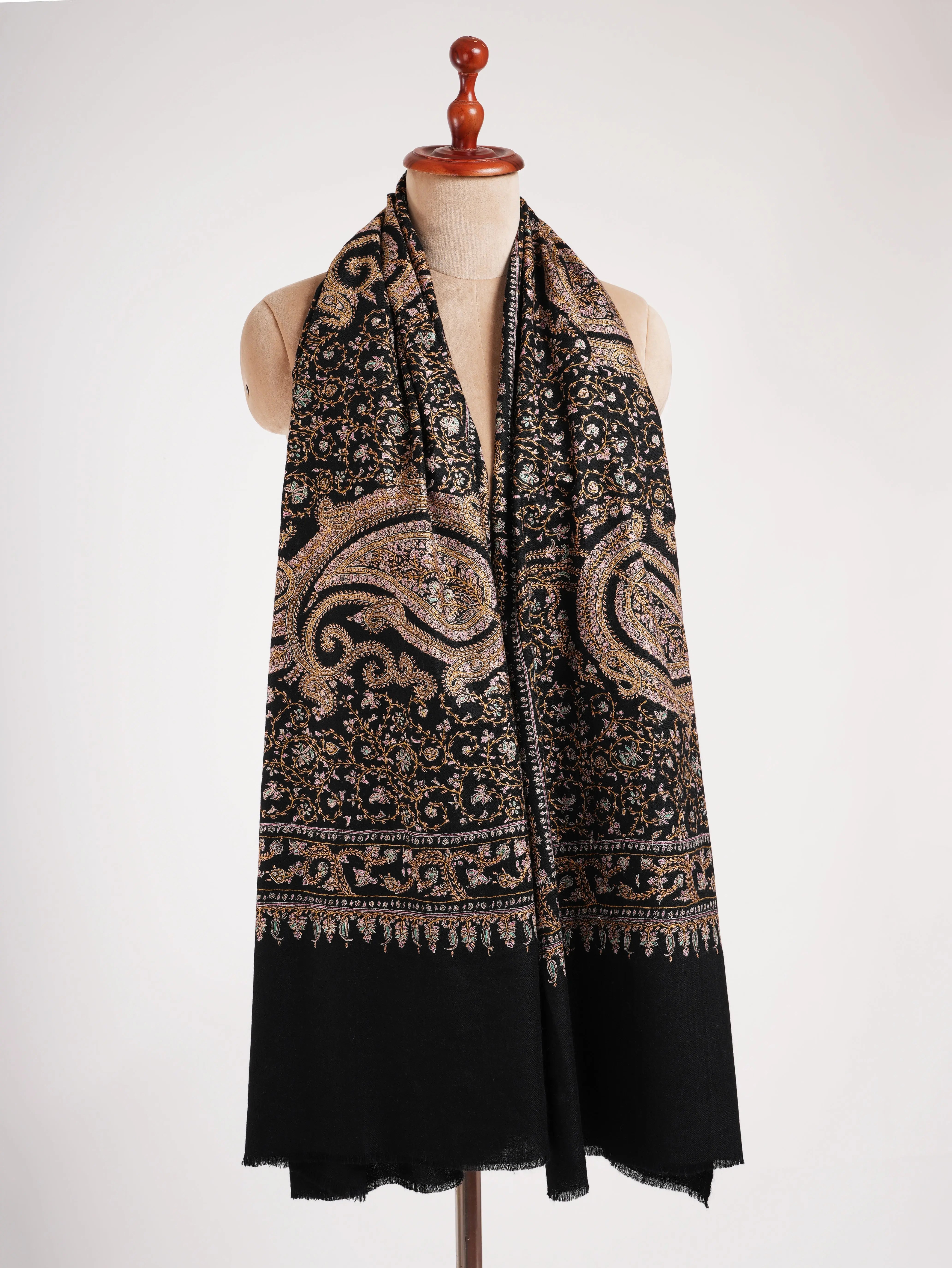 Black Pashmina Shawl with Embroidered Paisley Motif Shahkaar