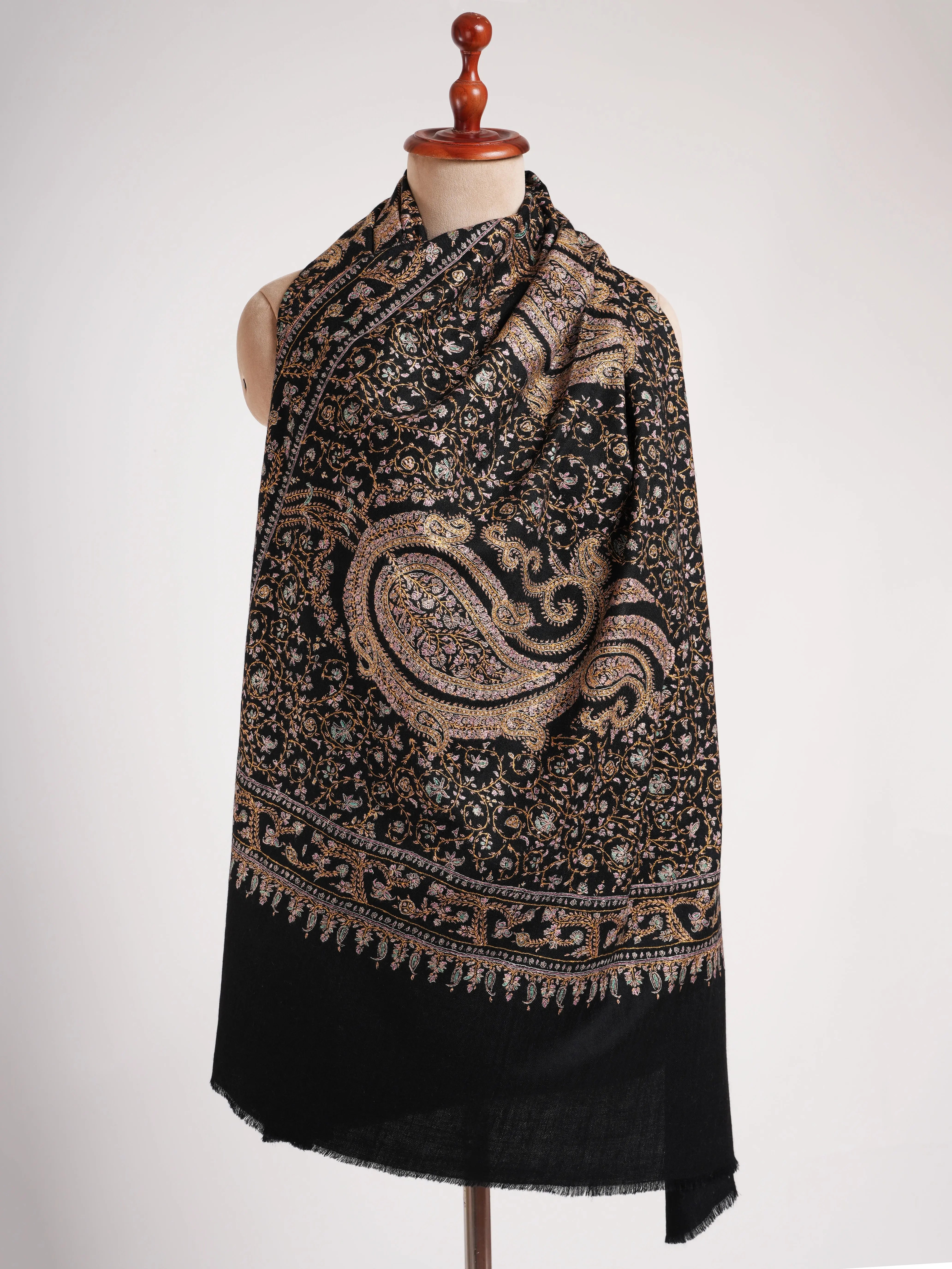 Black Pashmina Shawl with Embroidered Paisley Motif Shahkaar