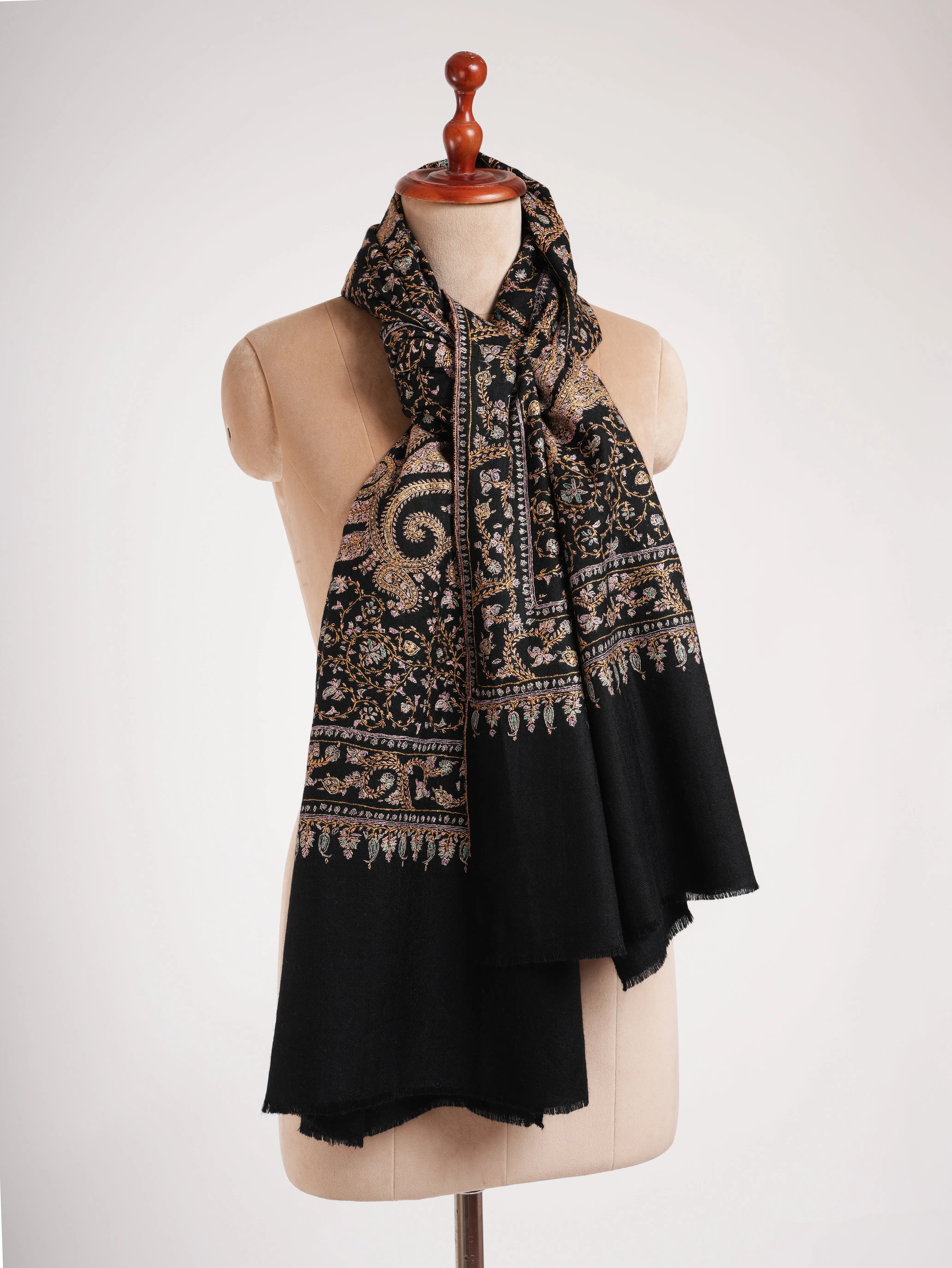 Black Pashmina Shawl with Embroidered Paisley Motif Shahkaar