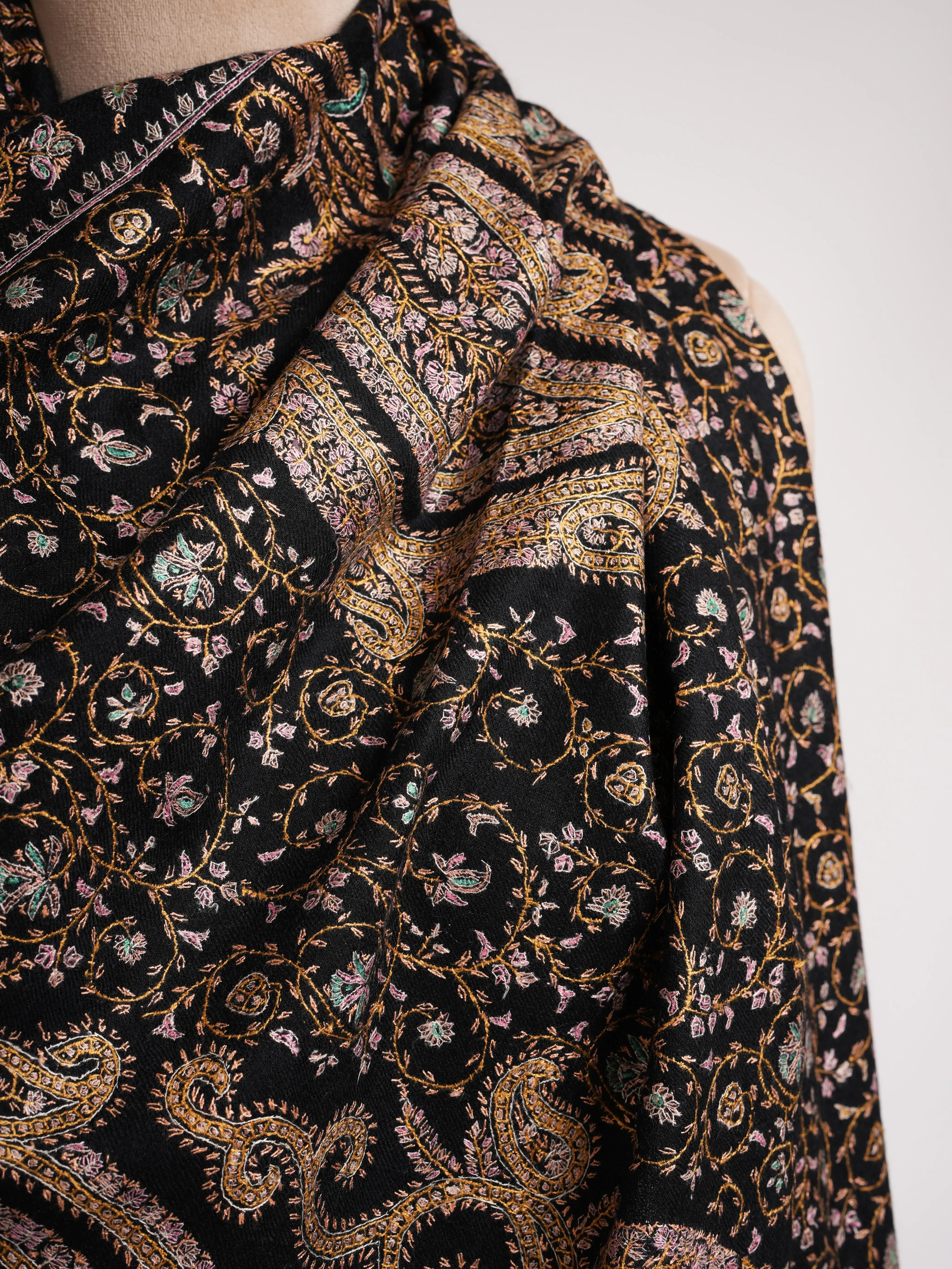 Black Pashmina Shawl with Embroidered Paisley Motif Shahkaar