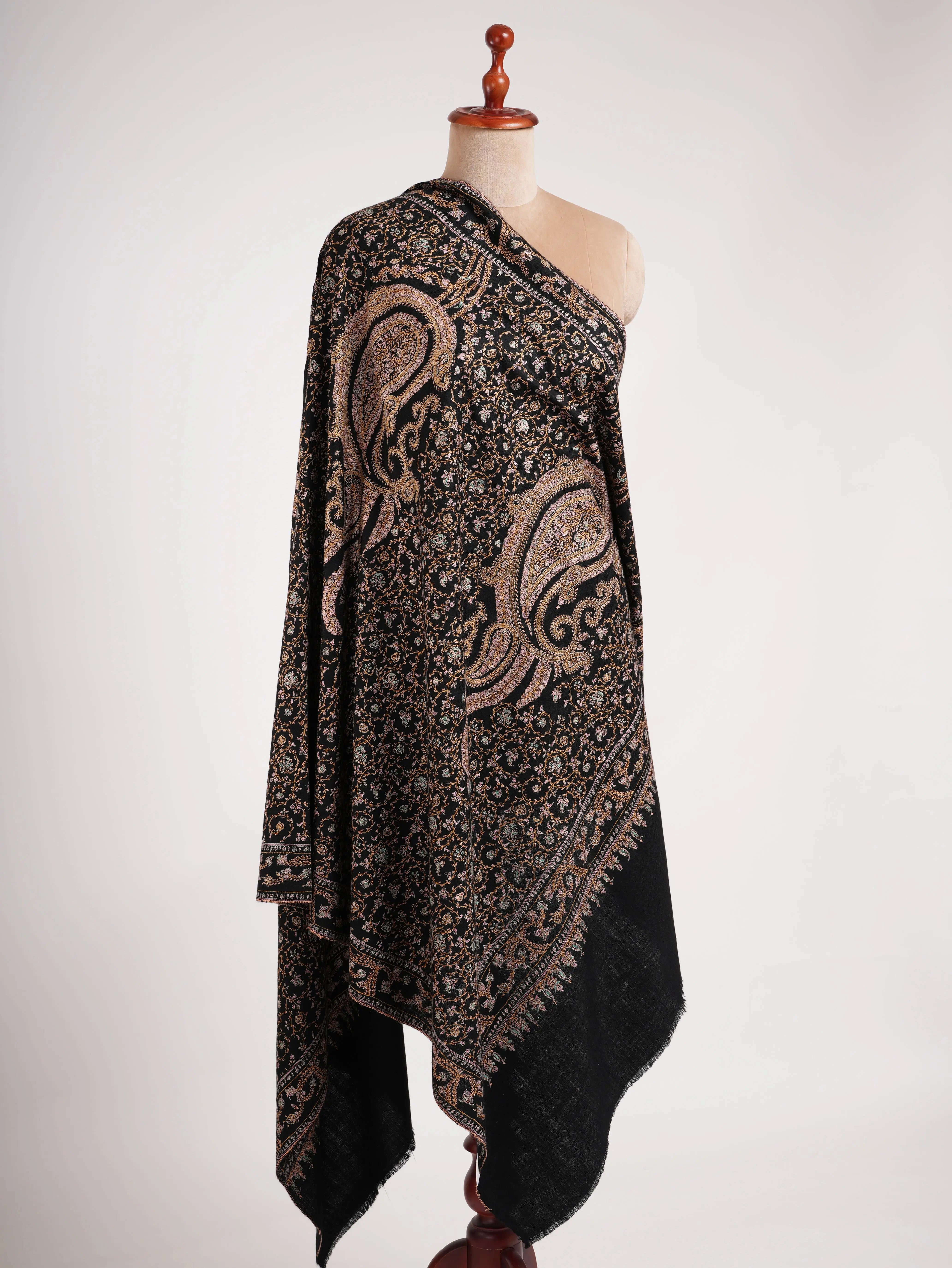 Black Pashmina Shawl with Embroidered Paisley Motif Shahkaar