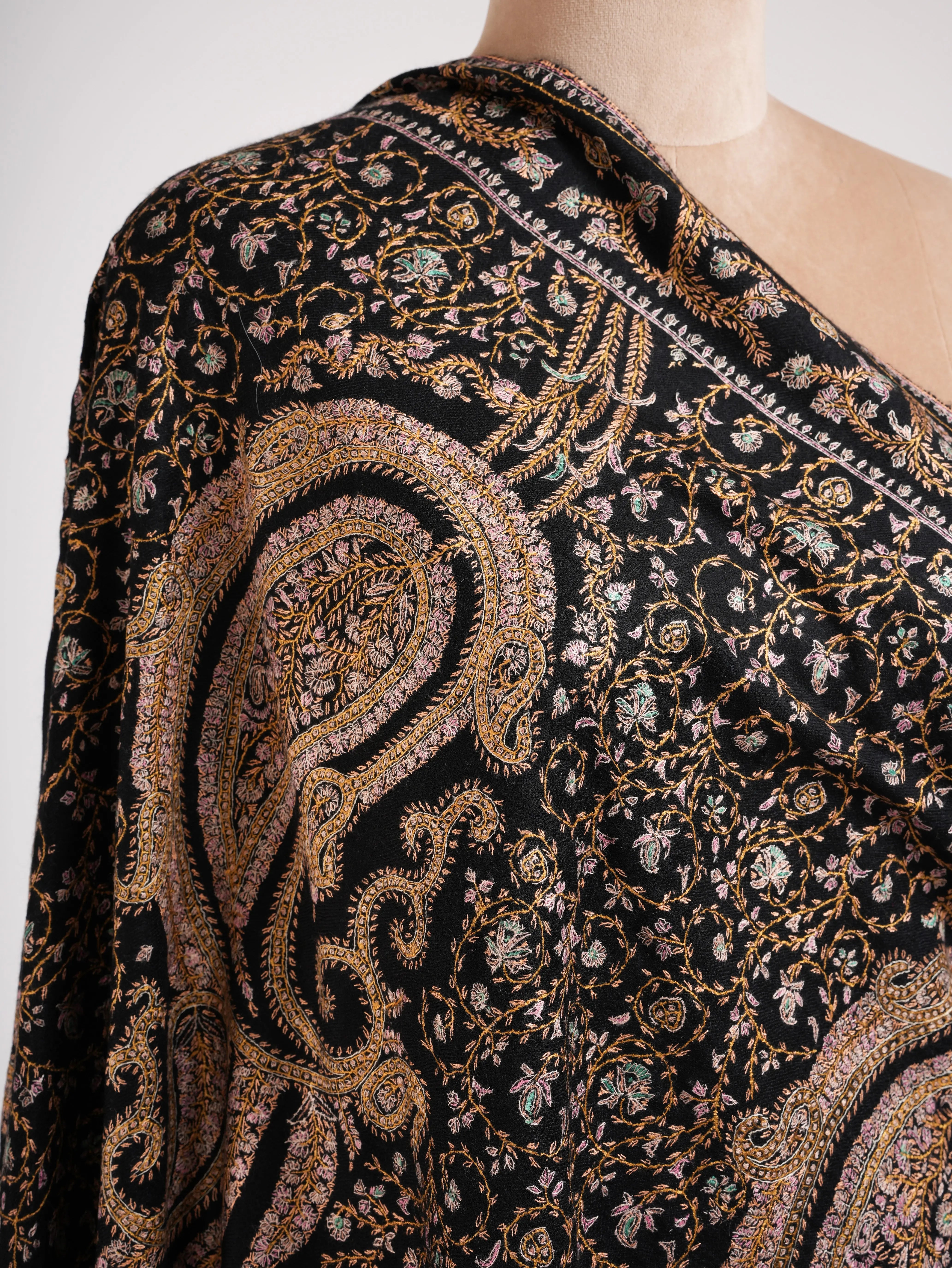 Black Pashmina Shawl with Embroidered Paisley Motif Shahkaar
