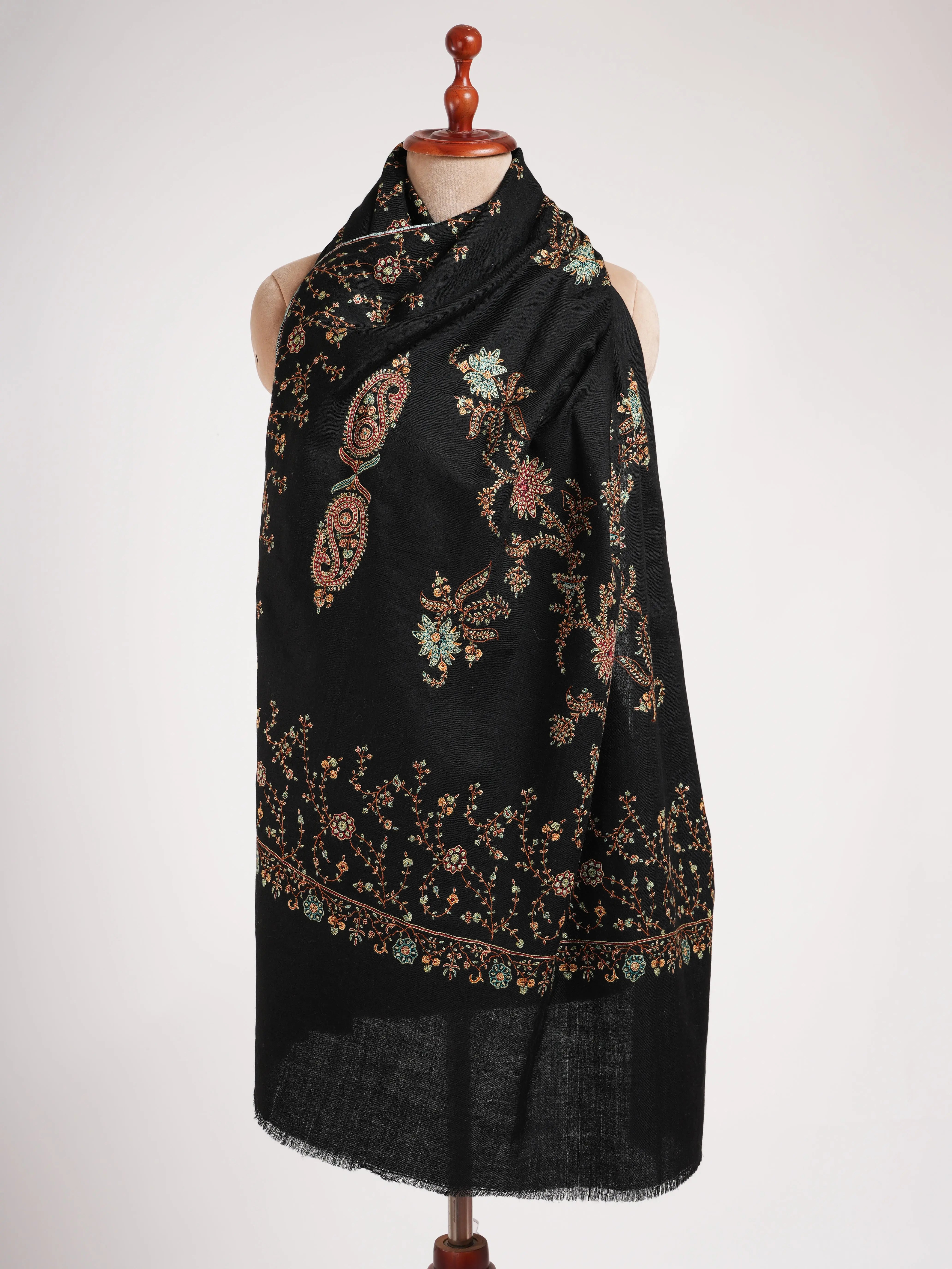 Black Pashmina Shawl with Fine Sozni Embroidery Shahkaar