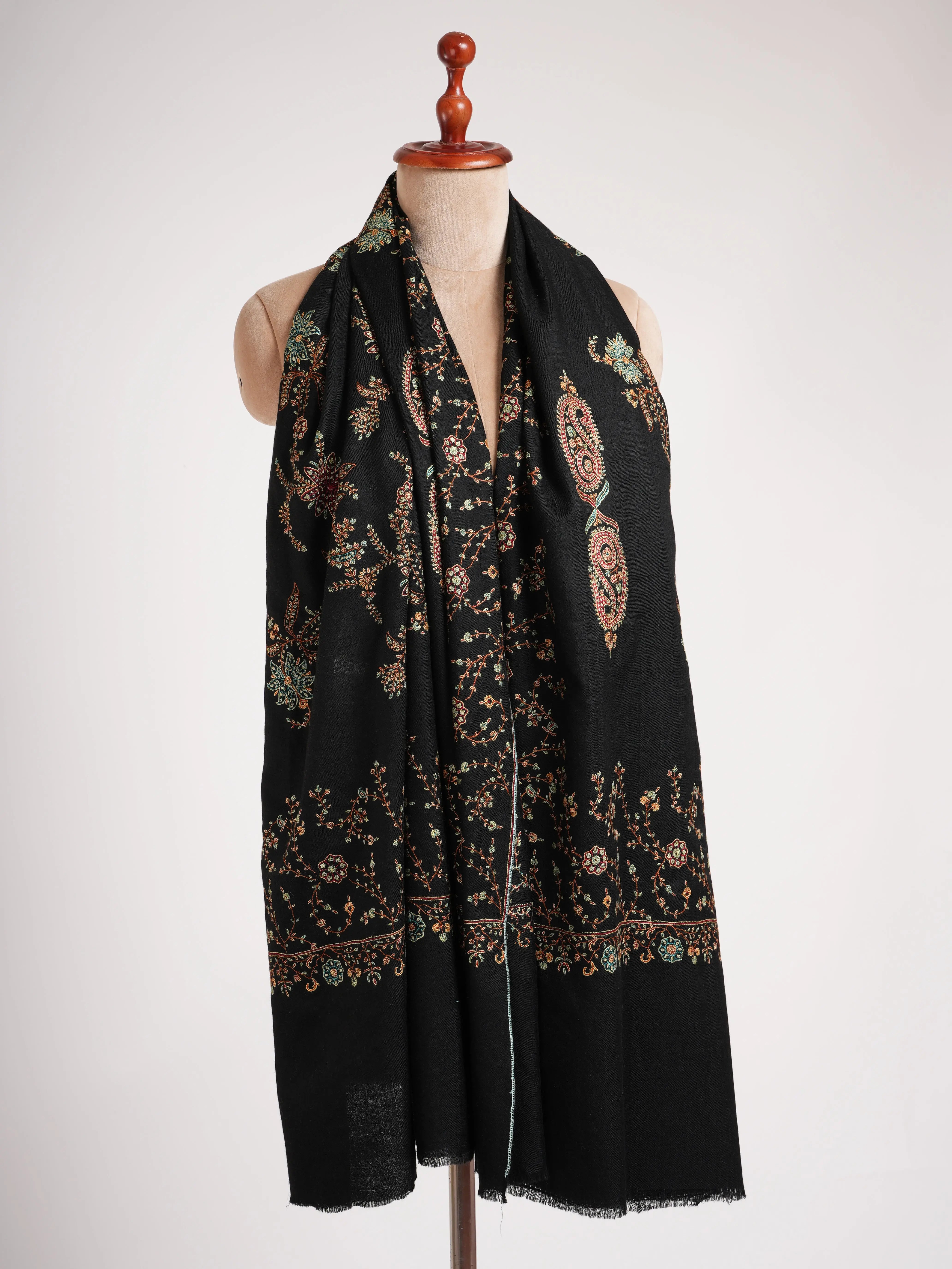 Black Pashmina Shawl with Fine Sozni Embroidery Shahkaar