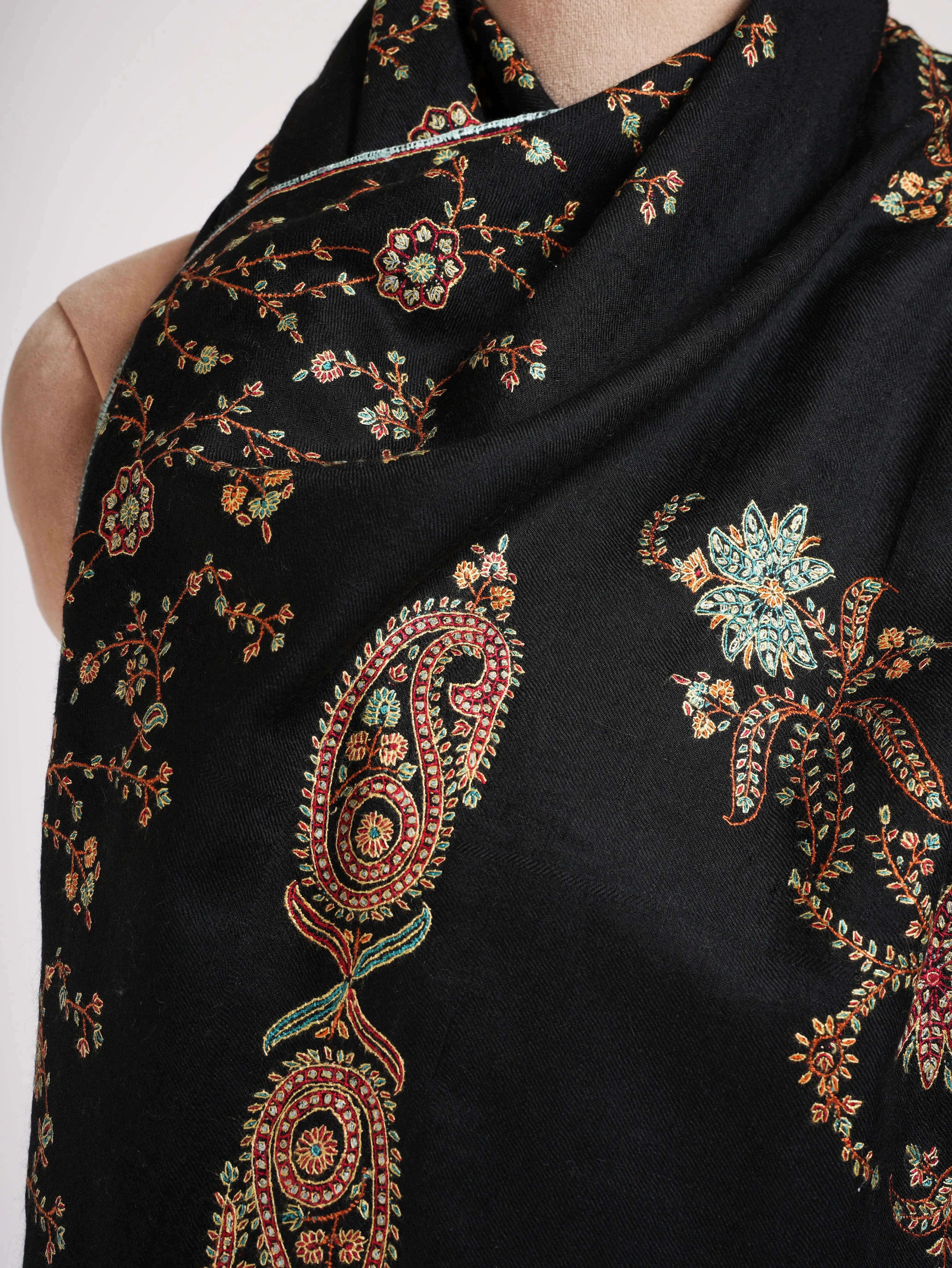 Black Pashmina Shawl with Fine Sozni Embroidery Shahkaar