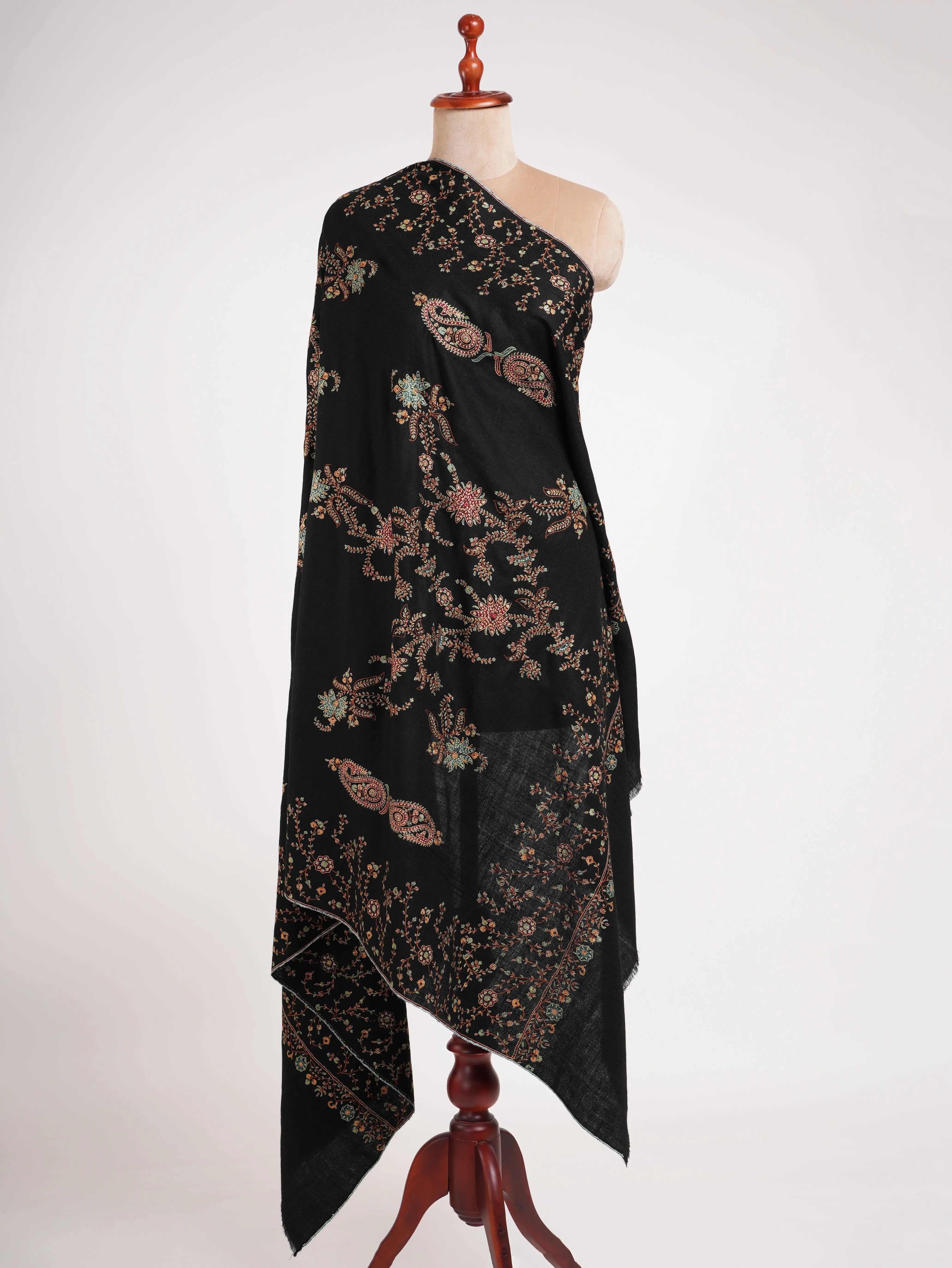 Black Pashmina Shawl with Fine Sozni Embroidery Shahkaar