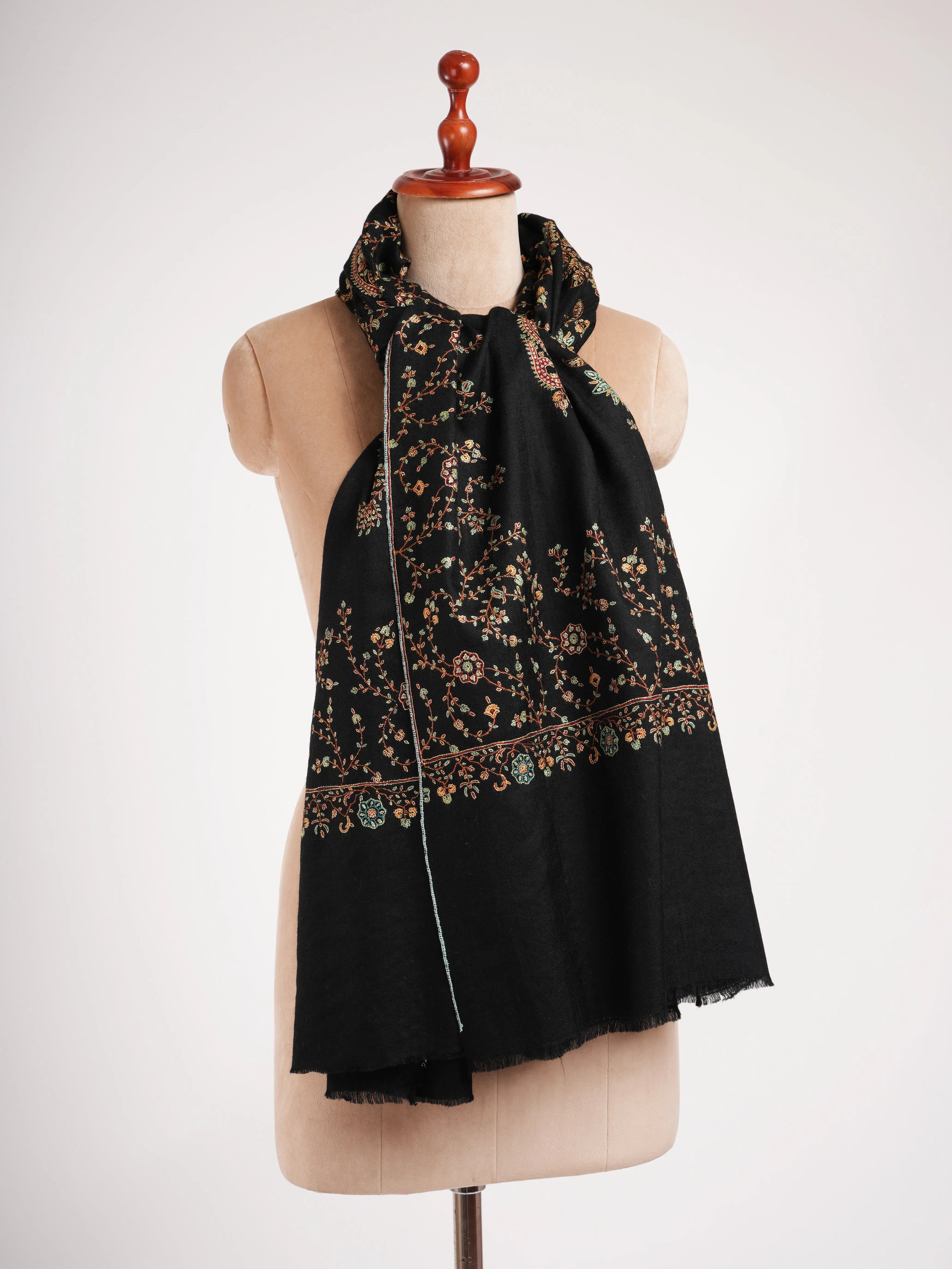 Black Pashmina Shawl with Fine Sozni Embroidery Shahkaar
