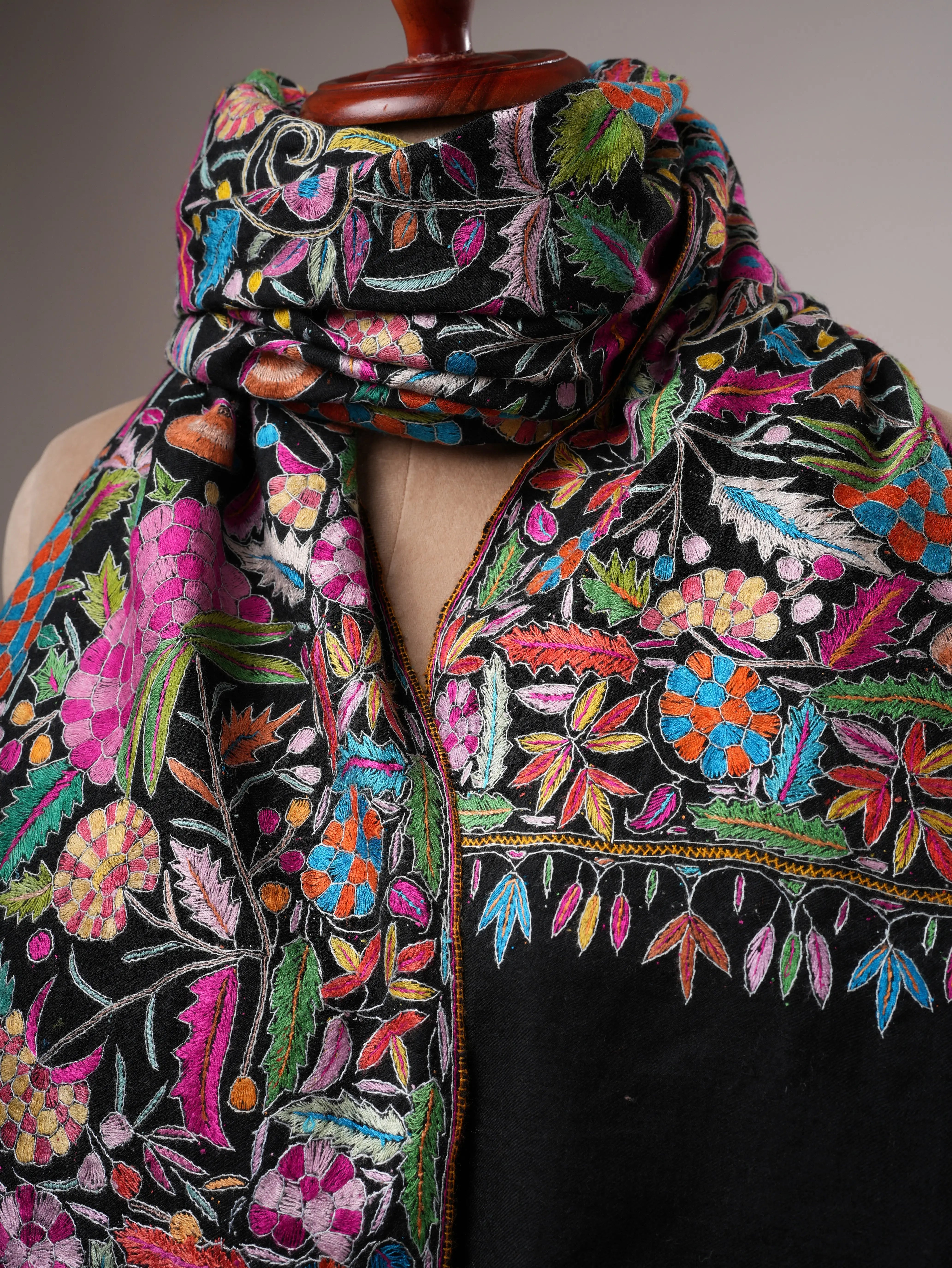 Black Pashmina Shawl with Handcrafted Floral Papermachie Motifs Shahkaar