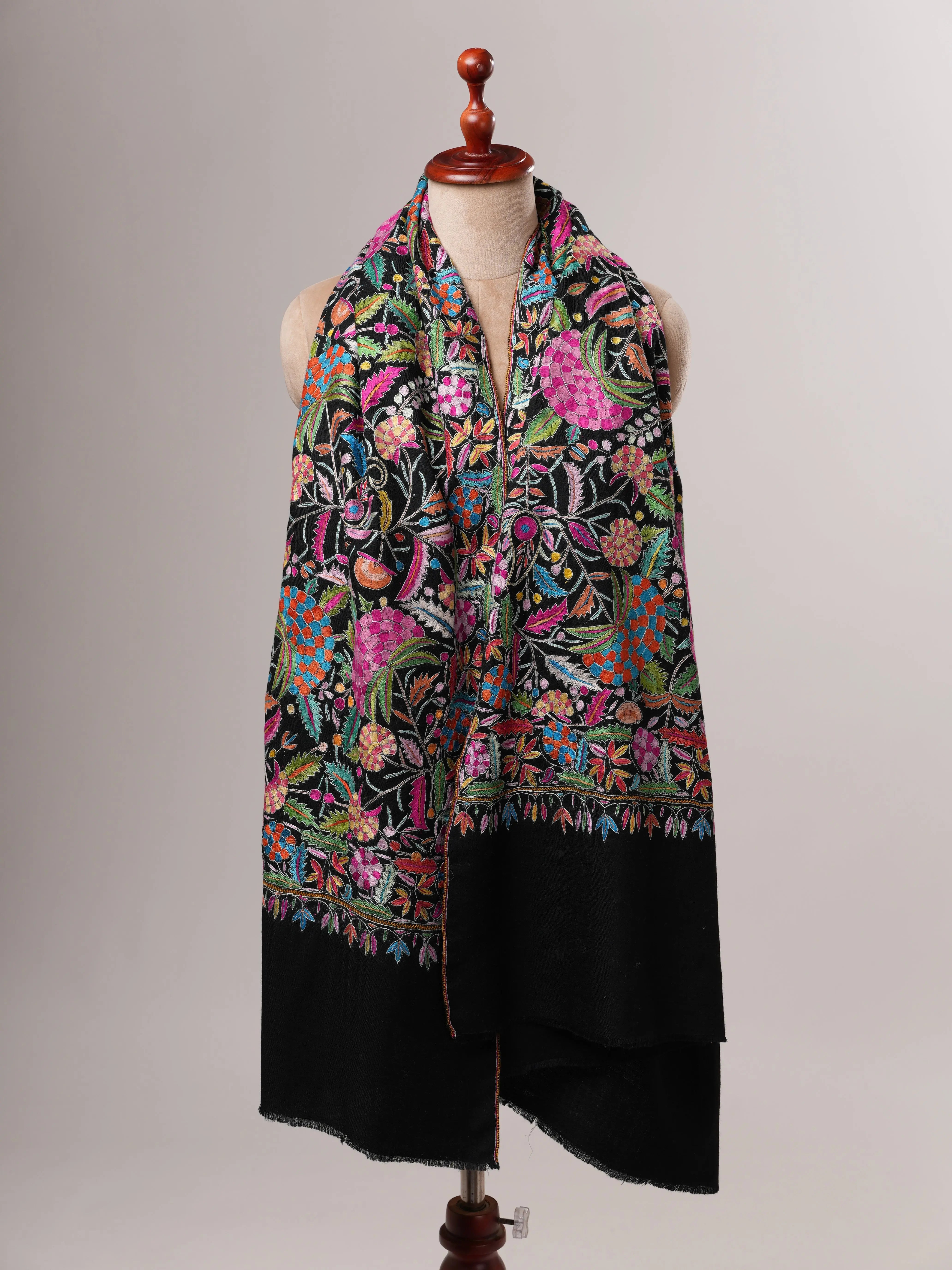 Black Pashmina Shawl with Handcrafted Floral Papermachie Motifs Shahkaar