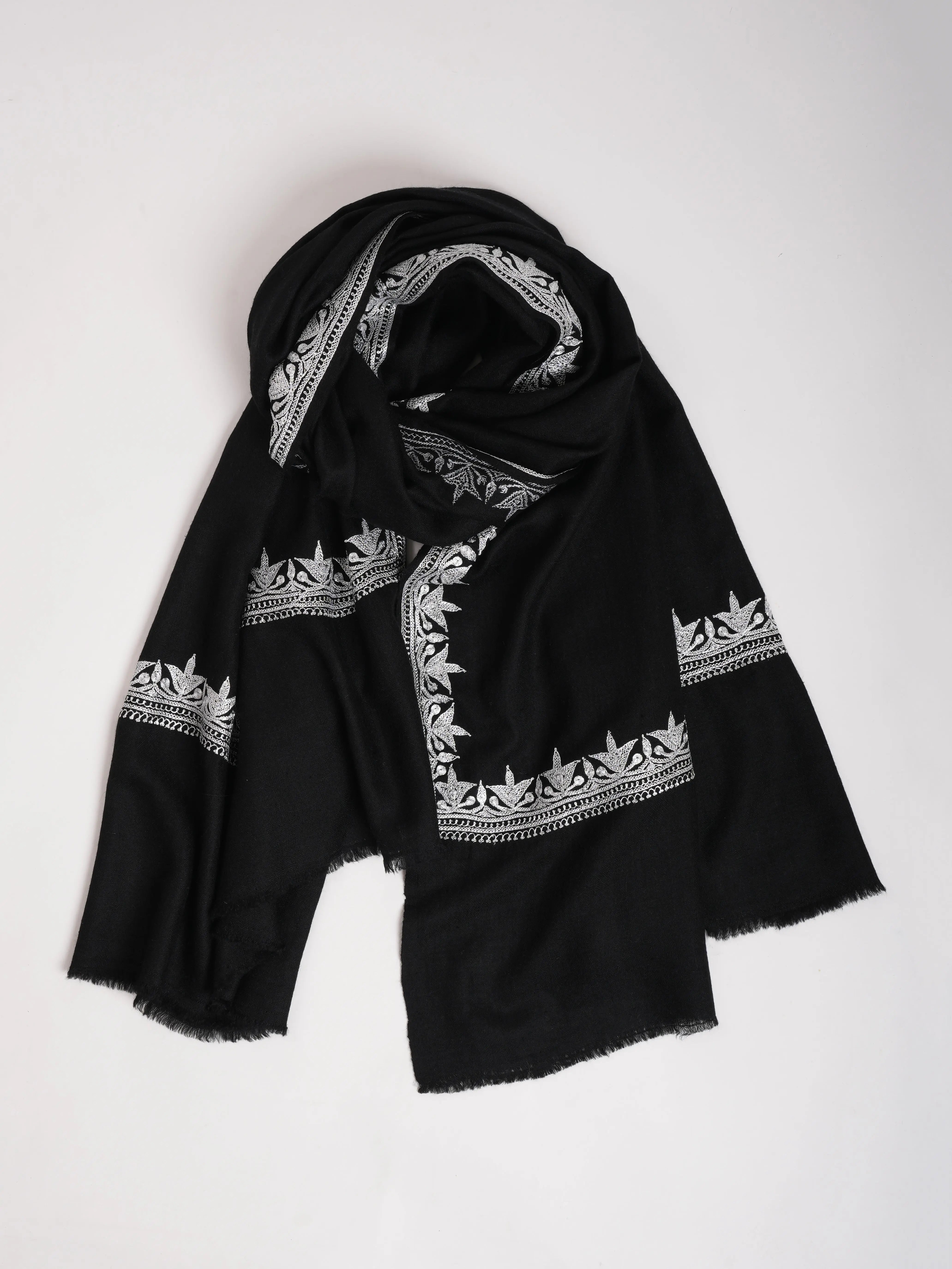 Black Pashmina Shawl with Silver Tilla Embroidery Shahkaar