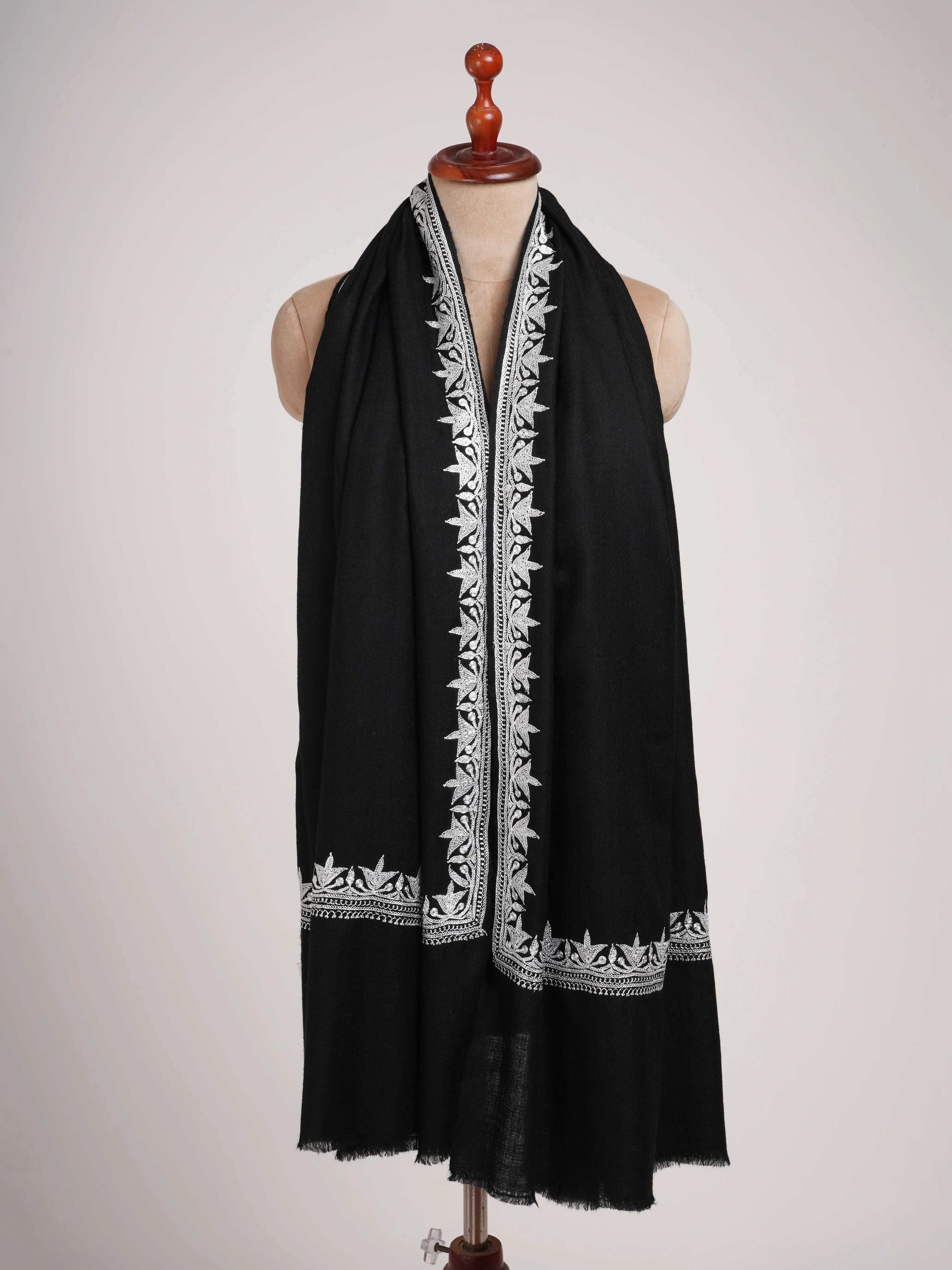 Black Pashmina Shawl with Silver Tilla Embroidery Shahkaar