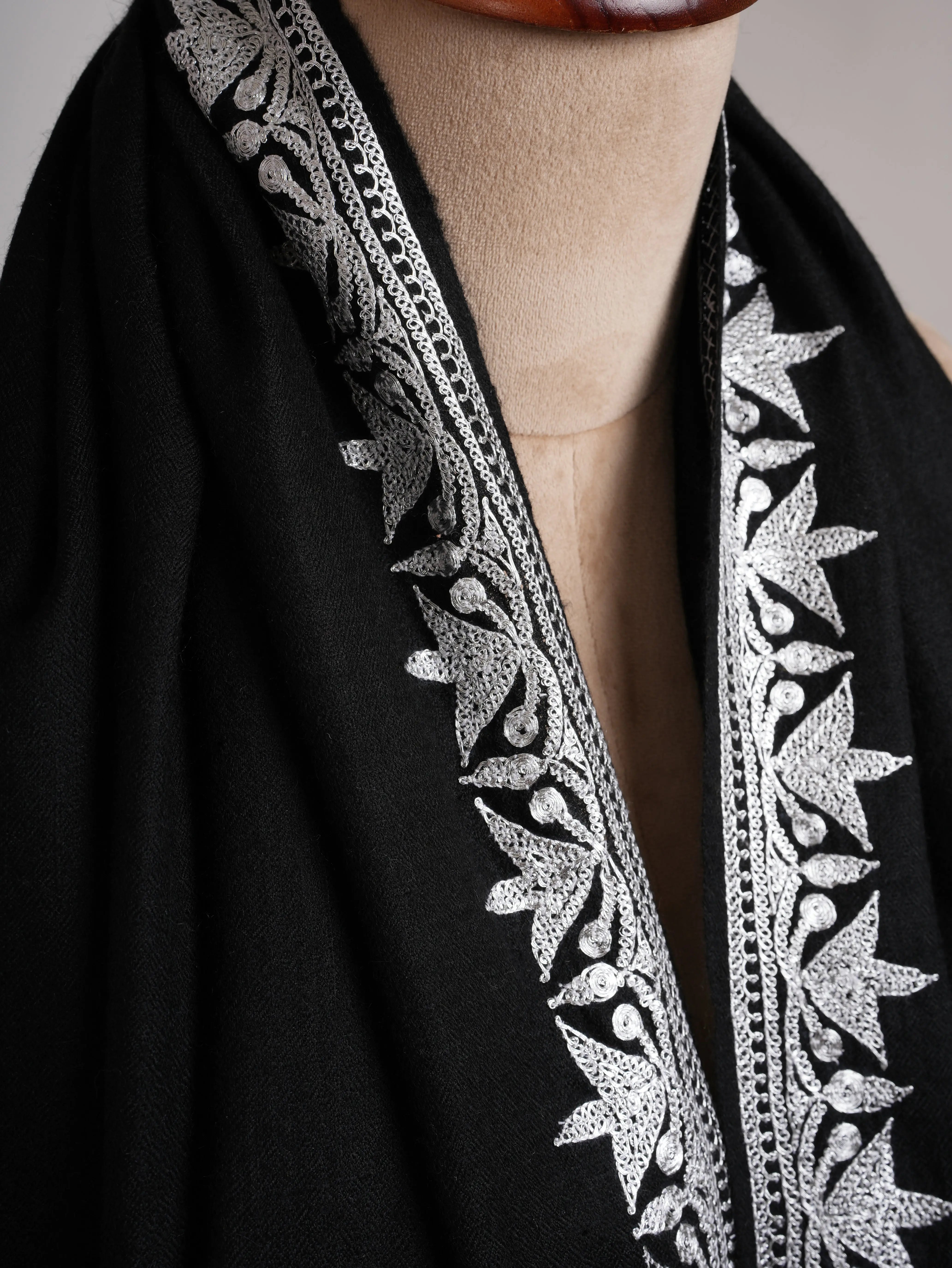 Black Pashmina Shawl with Silver Tilla Embroidery Shahkaar