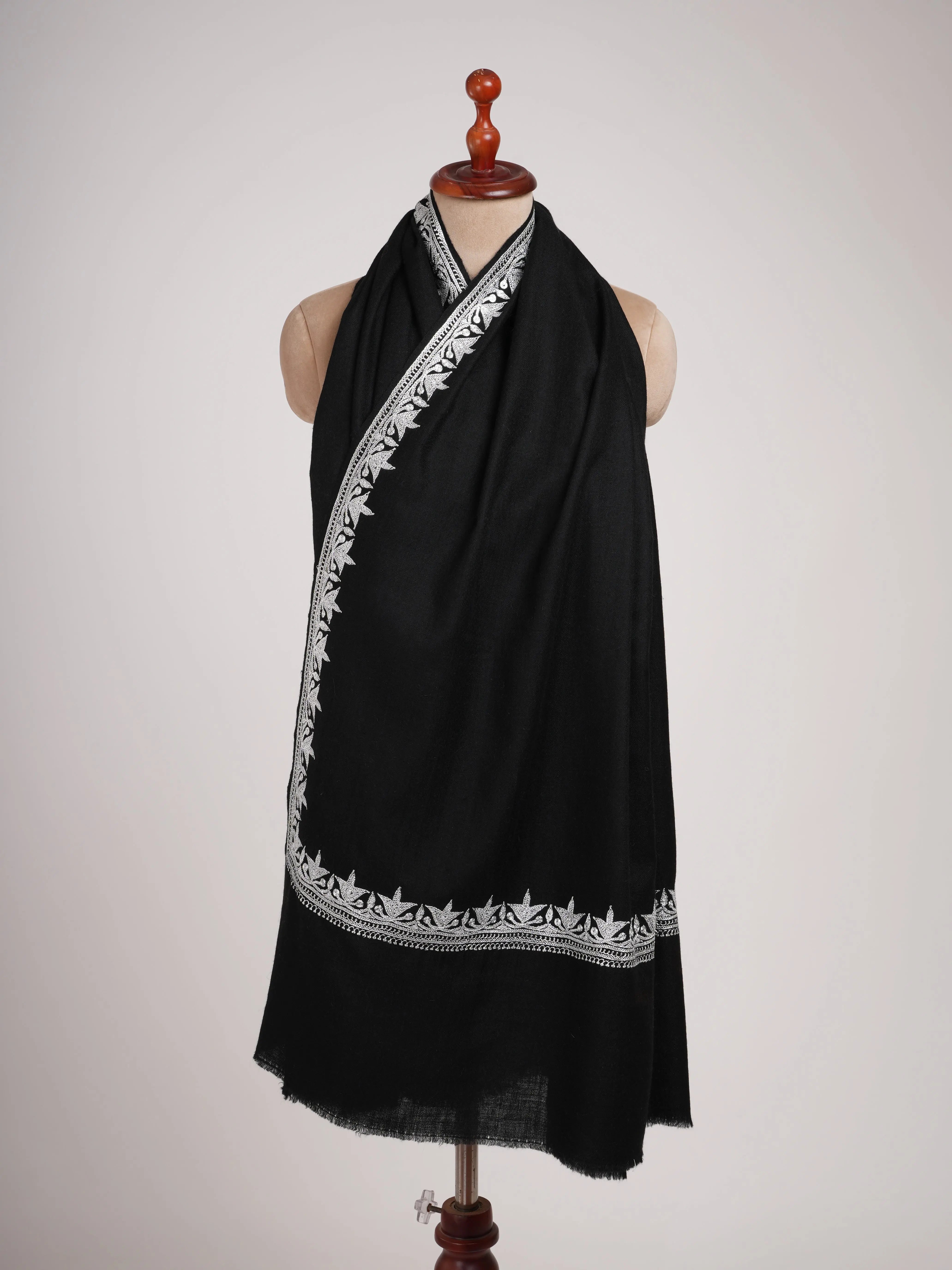 Black Pashmina Shawl with Silver Tilla Embroidery Shahkaar
