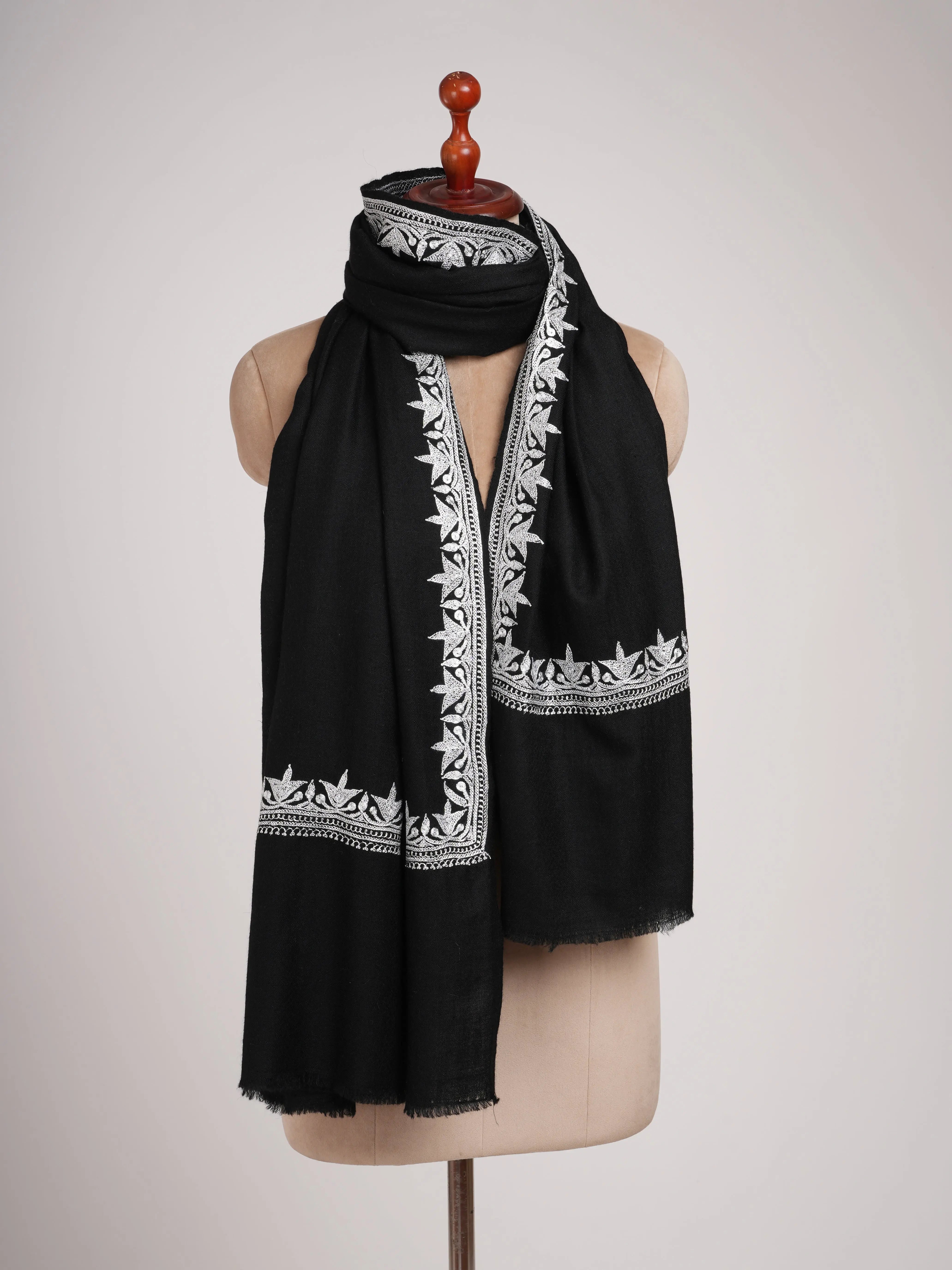 Black Pashmina Shawl with Silver Tilla Embroidery Shahkaar