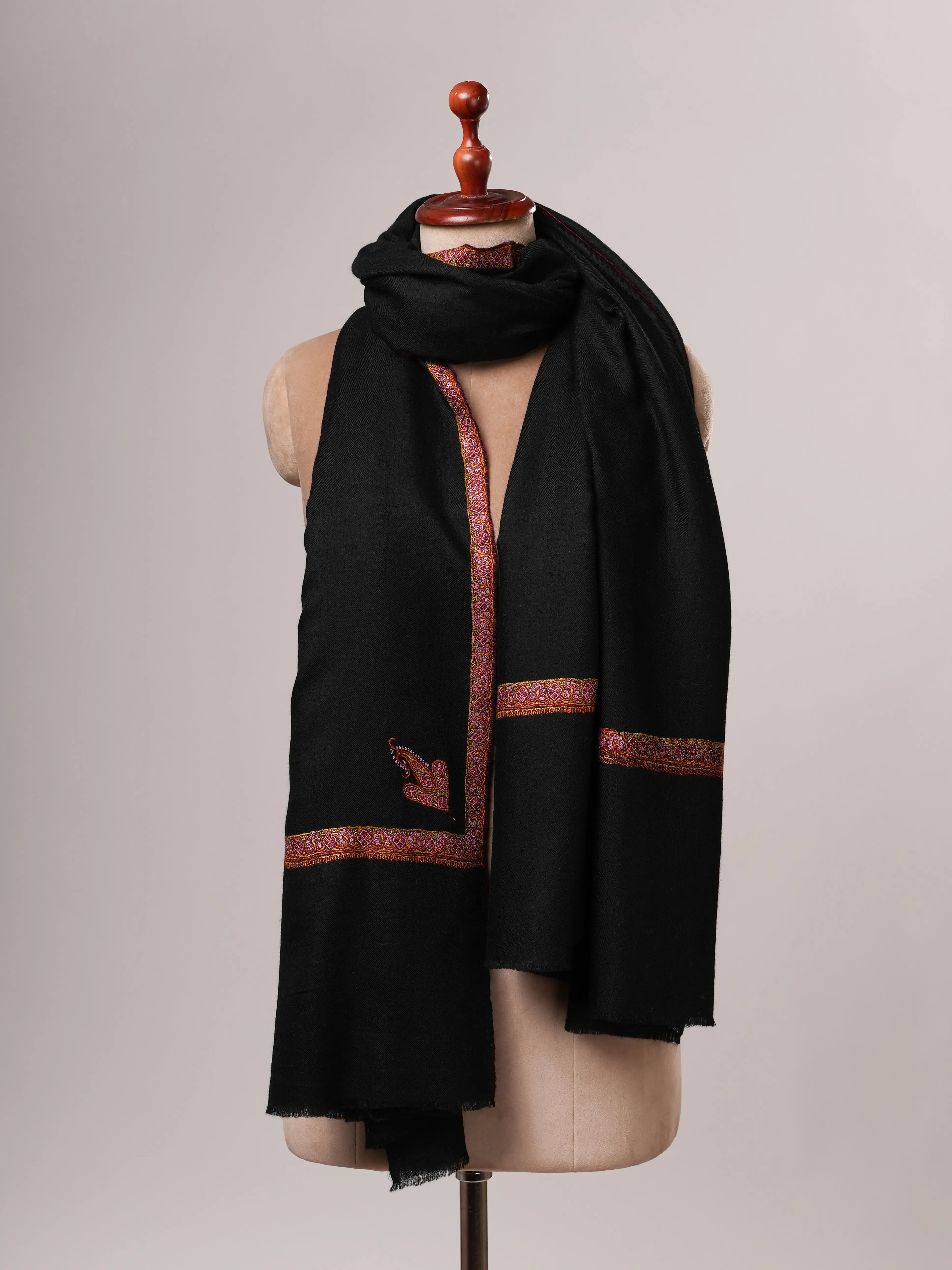 Black Pashmina Shawl with Traditional Hashia Hand Embroidery Shahkaar