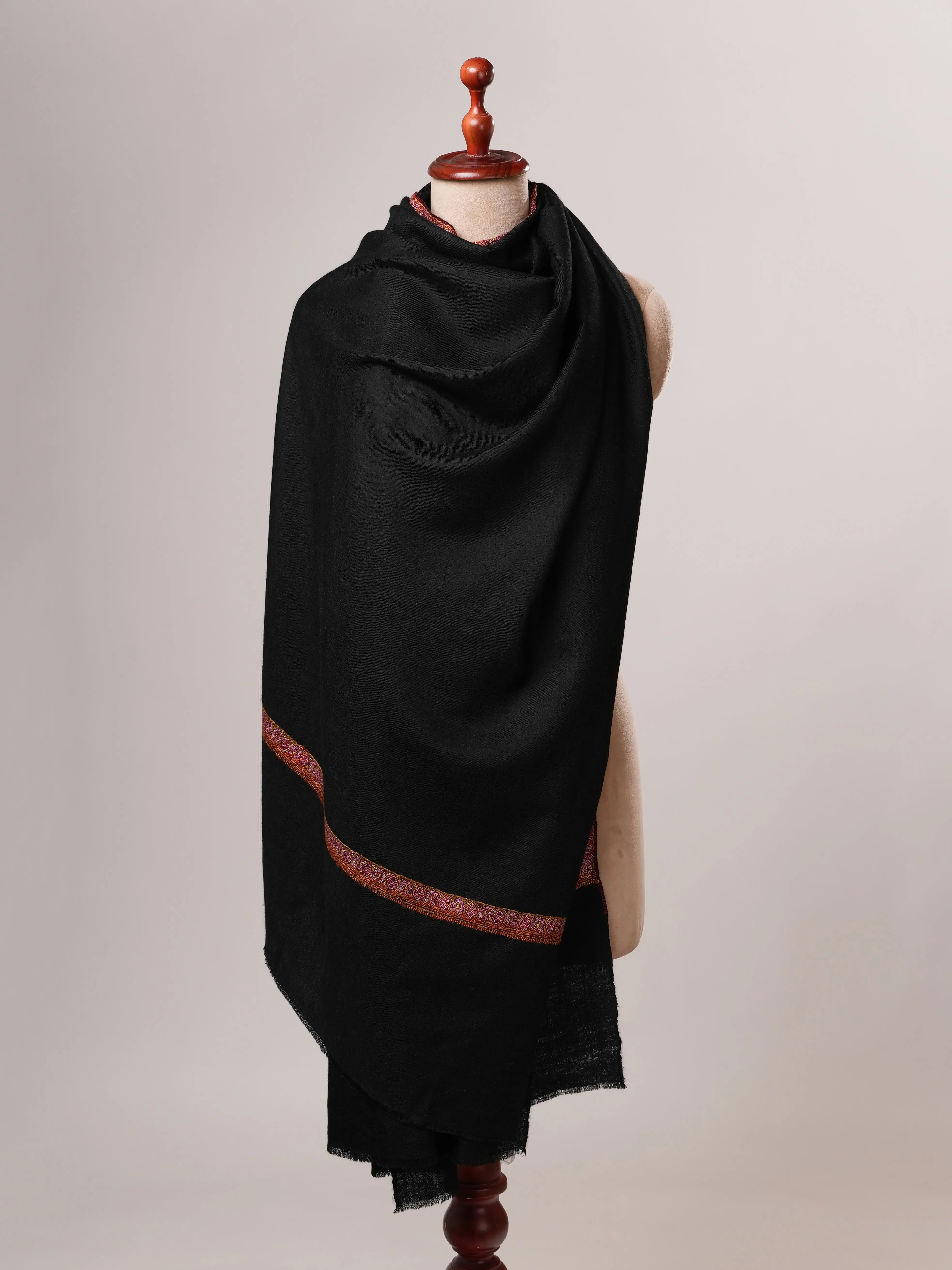 Black Pashmina Shawl with Traditional Hashia Hand Embroidery Shahkaar