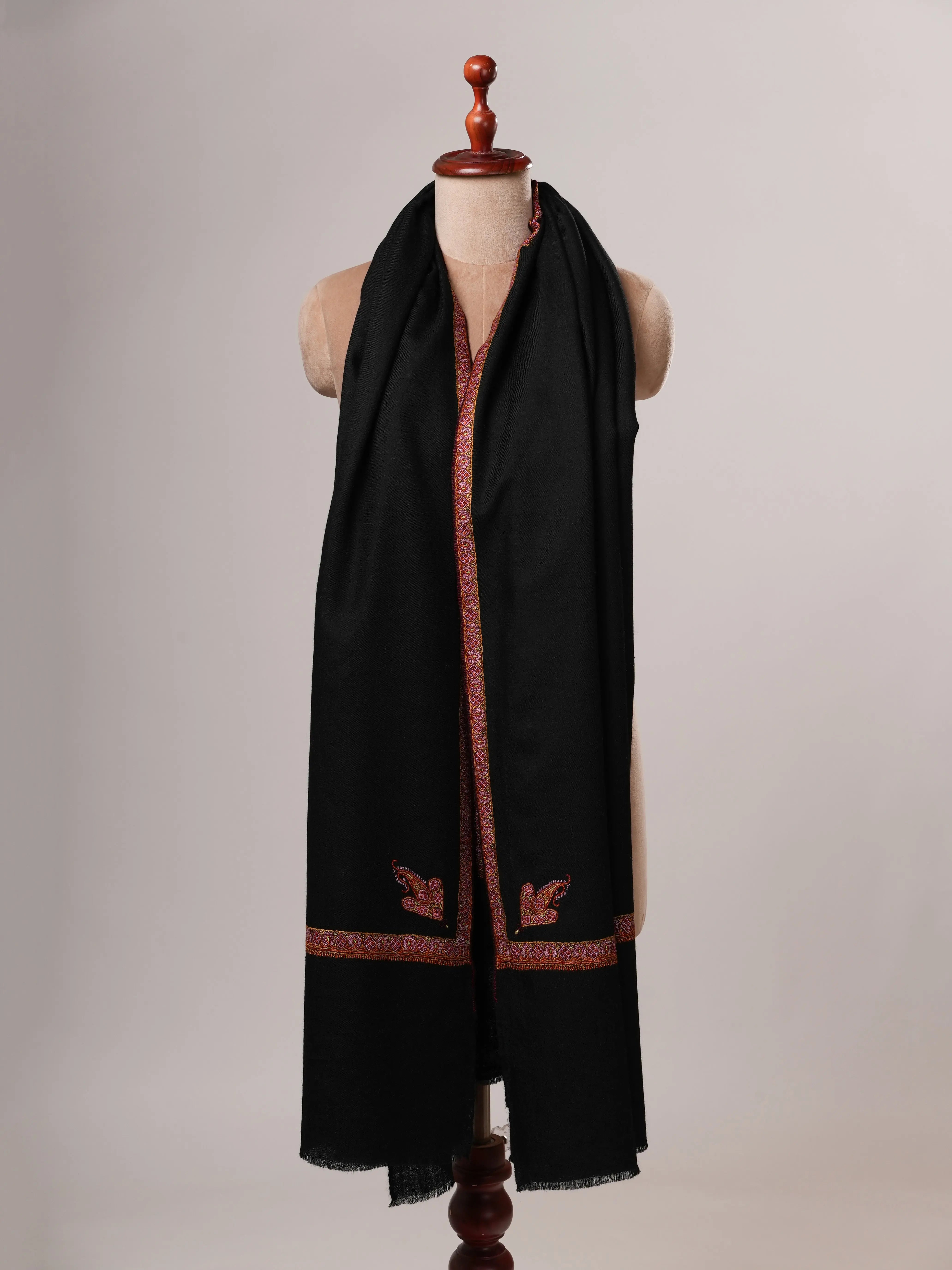 Black Pashmina Shawl with Traditional Hashia Hand Embroidery Shahkaar