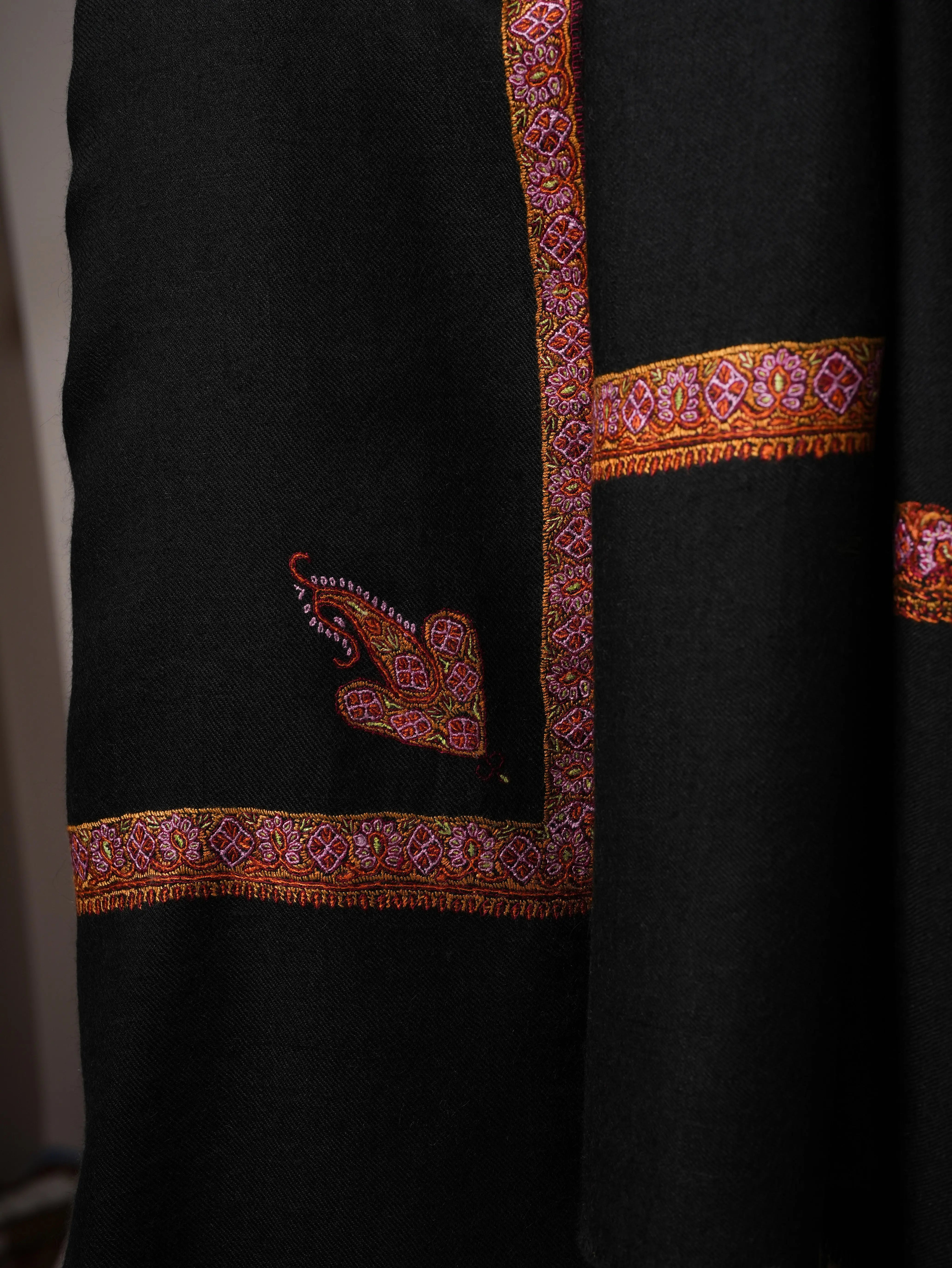 Black Pashmina Shawl with Traditional Hashia Hand Embroidery Shahkaar