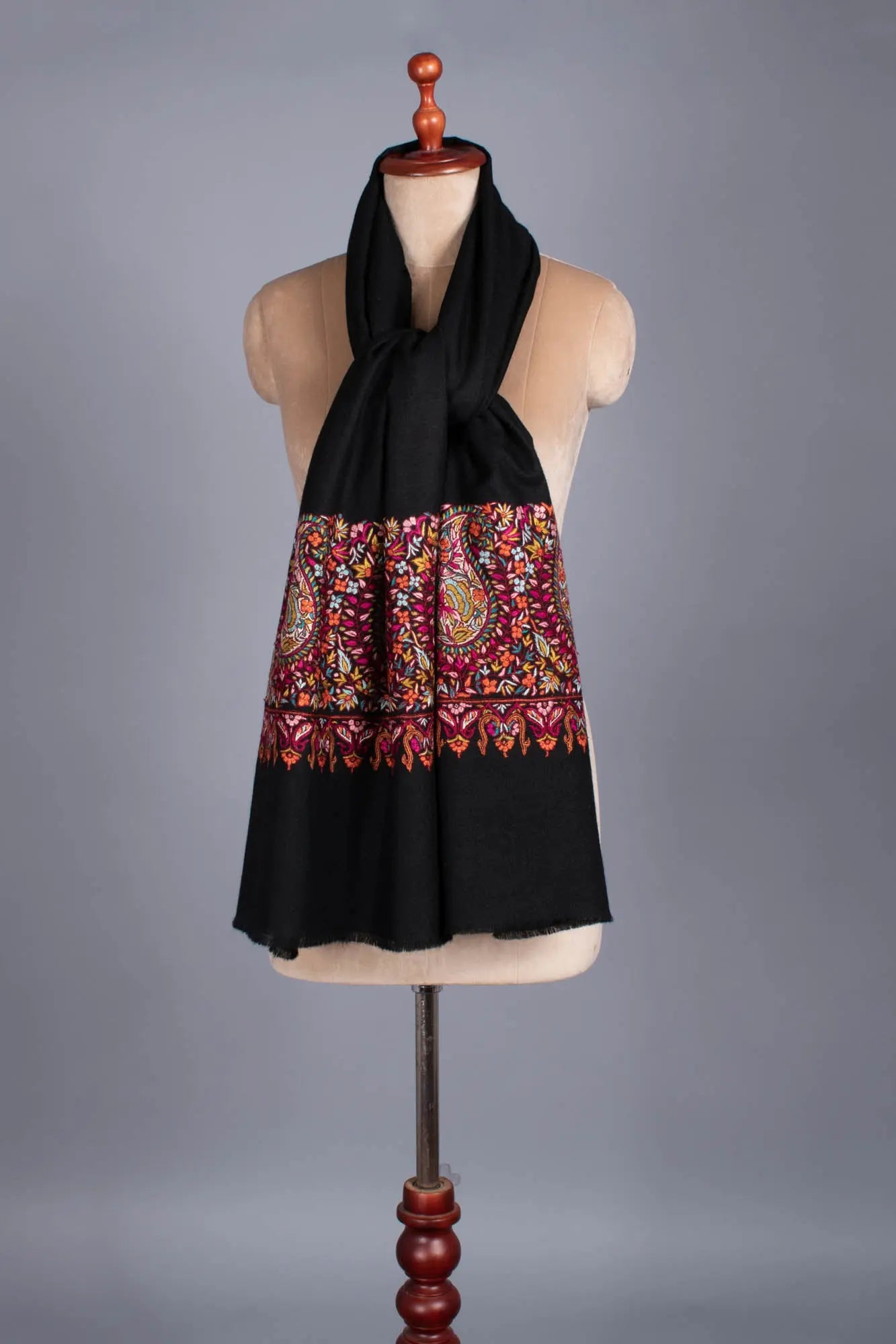 Black Pashmina Wrap with Hand Embroidered Paisley Palla - KERIS Shahkaar