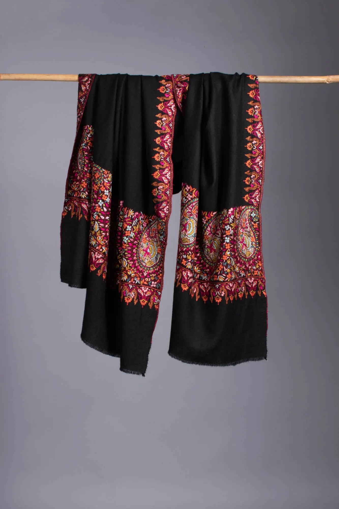 Black Pashmina Wrap with Hand Embroidered Paisley Palla - KERIS Shahkaar