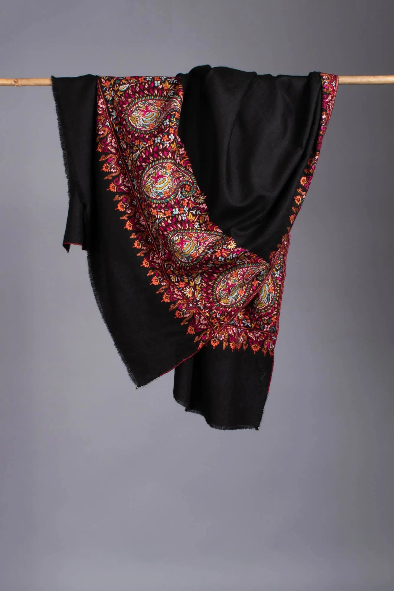 Black Pashmina Wrap with Hand Embroidered Paisley Palla - KERIS Shahkaar