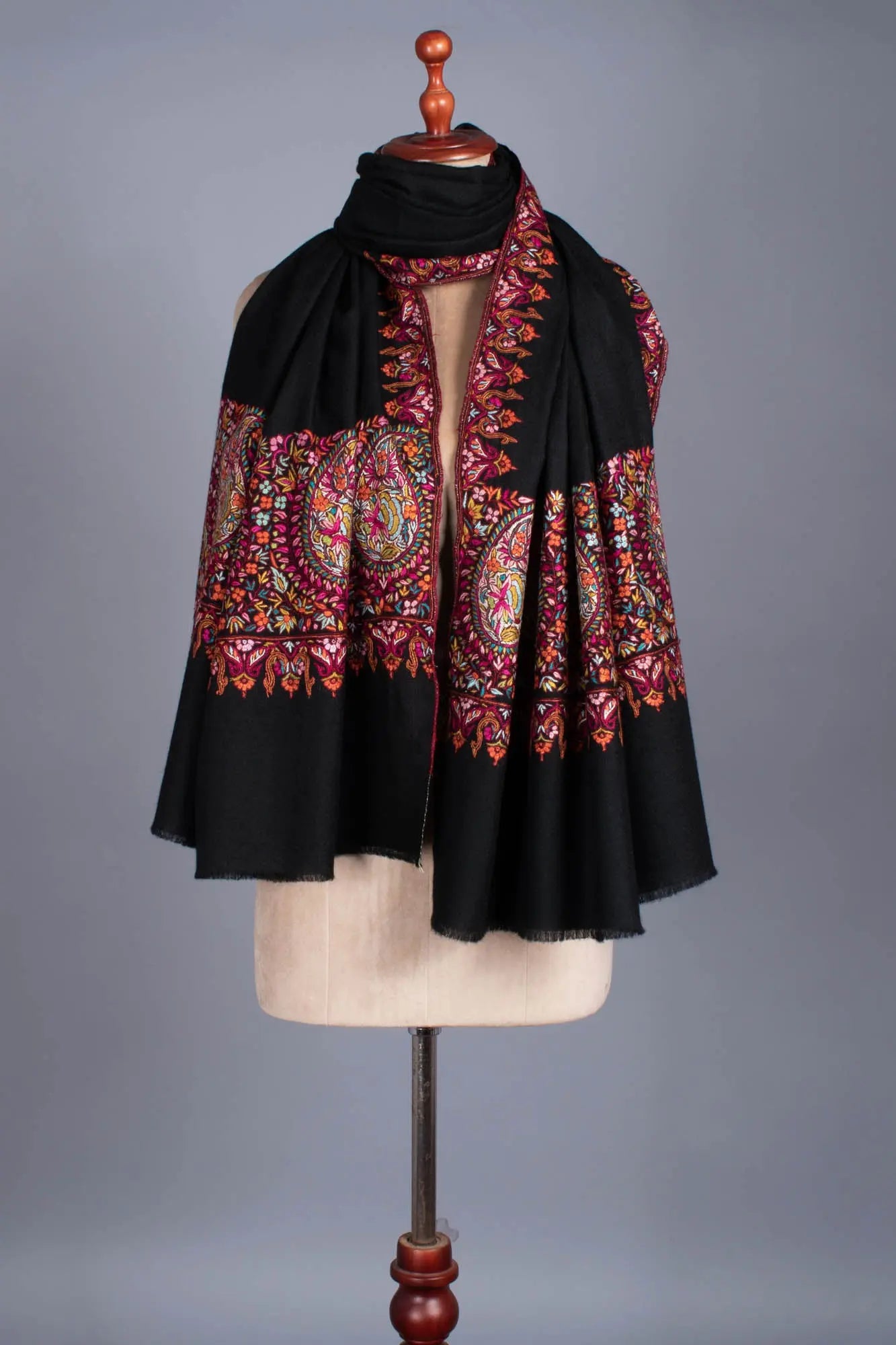 Black Pashmina Wrap with Hand Embroidered Paisley Palla - KERIS Shahkaar