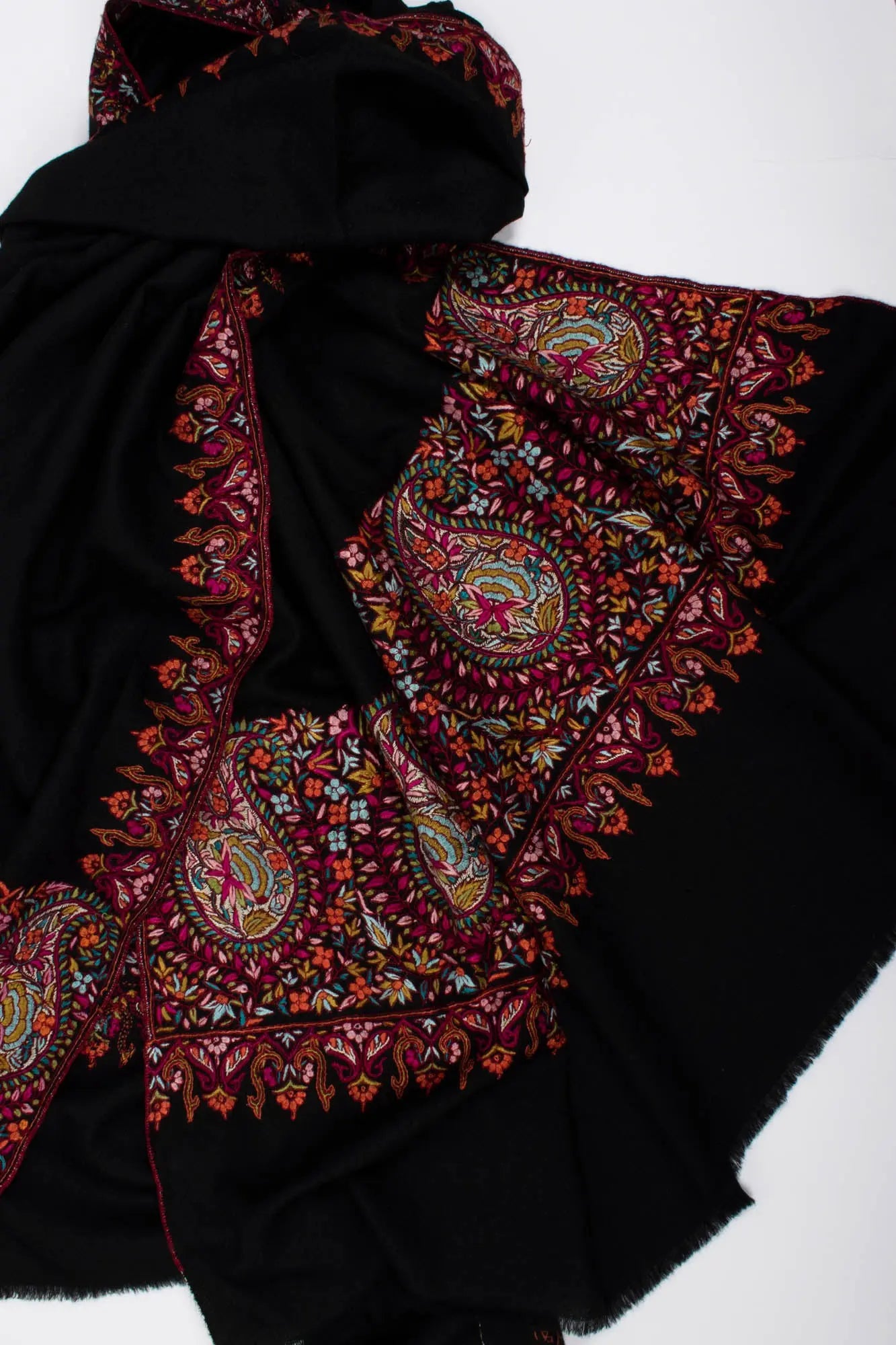 Black Pashmina Wrap with Hand Embroidered Paisley Palla - KERIS Shahkaar