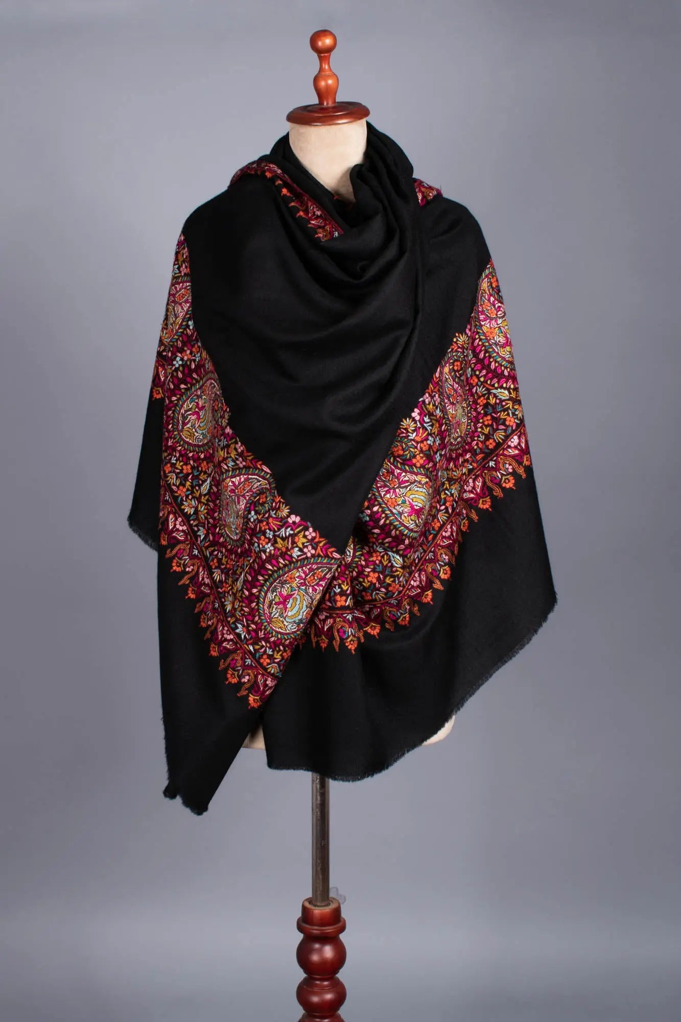 Black Pashmina Wrap with Hand Embroidered Paisley Palla - KERIS Shahkaar
