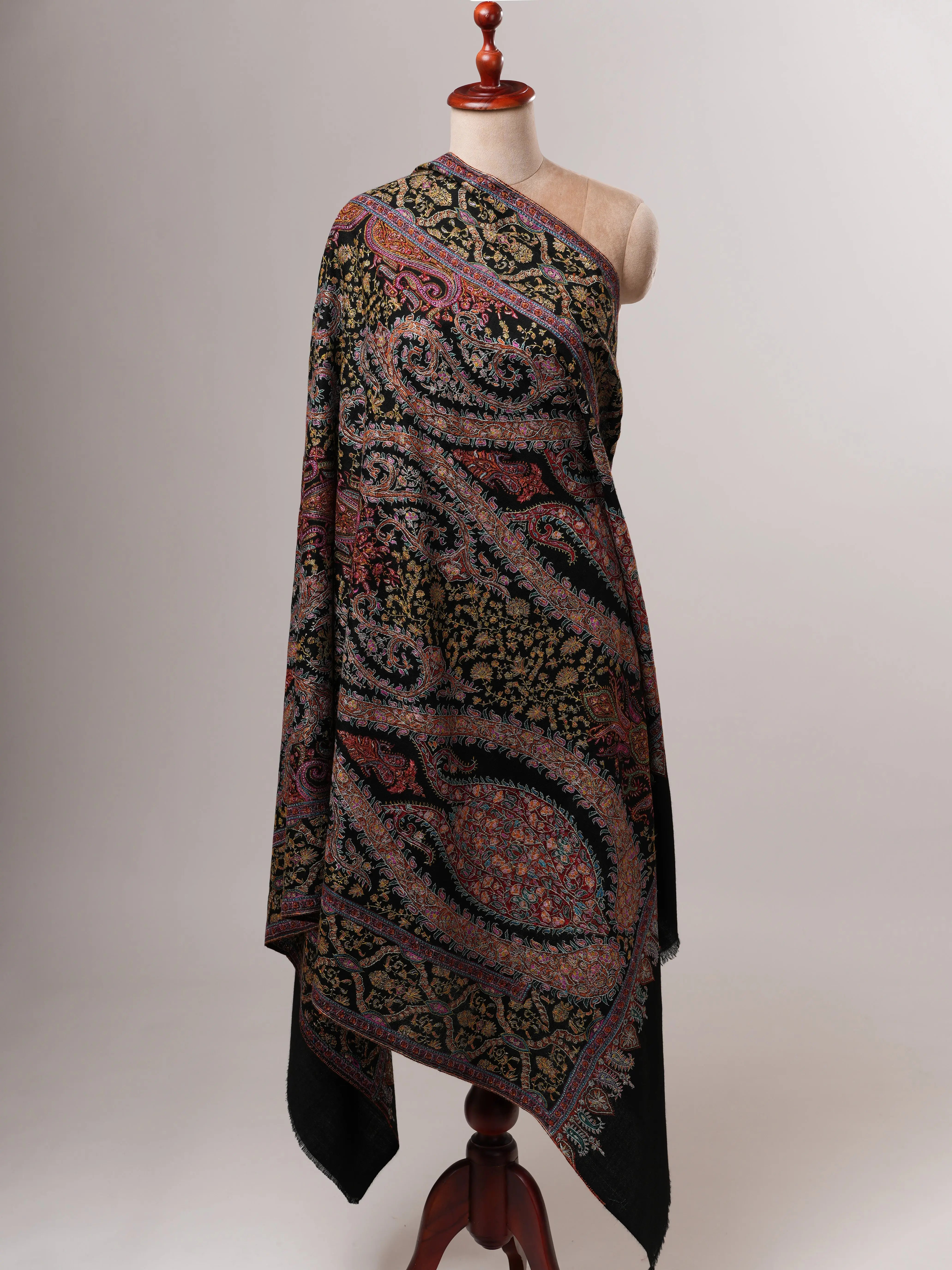 Black Pure Pashmina Jamavar Shawl with Hand Embroidery Shahkaar