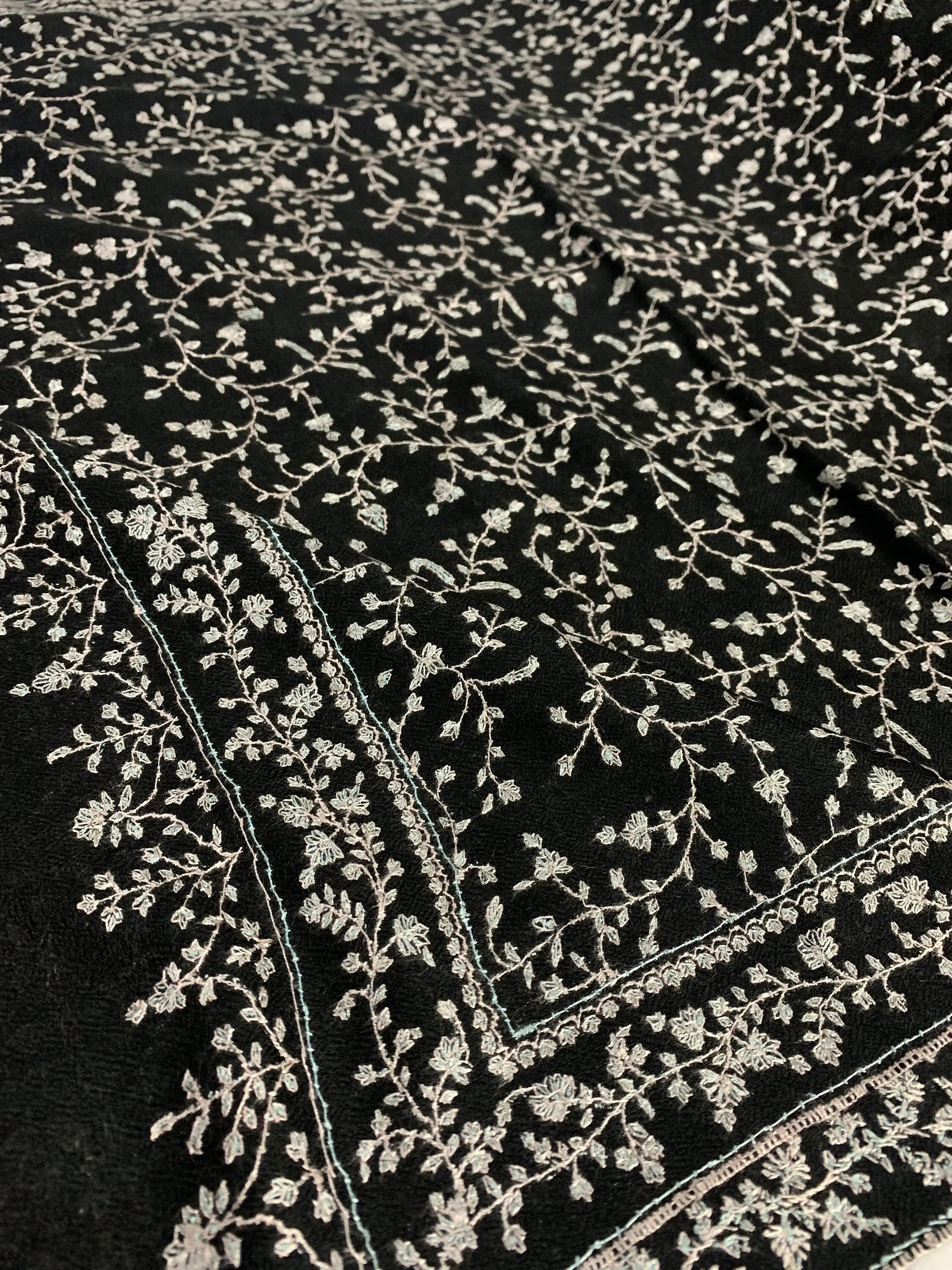 Black Scarf Pure Pashmina Hand Embroided in Kashmir Shahkaar